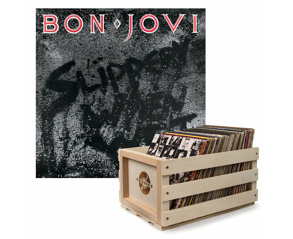 Crosley Record Storage Crate & Bon Jovi Slippery When Wet - Vinyl Album Bundle