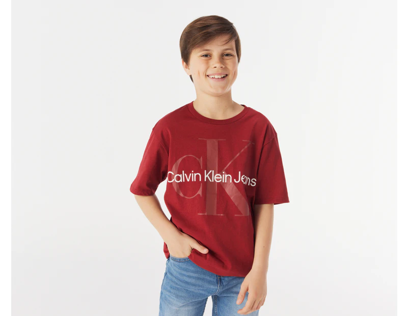 Calvin Klein Boys' Monogram Logo Short Sleeve Tee / T-Shirt / Tshirt - Red Dahlia