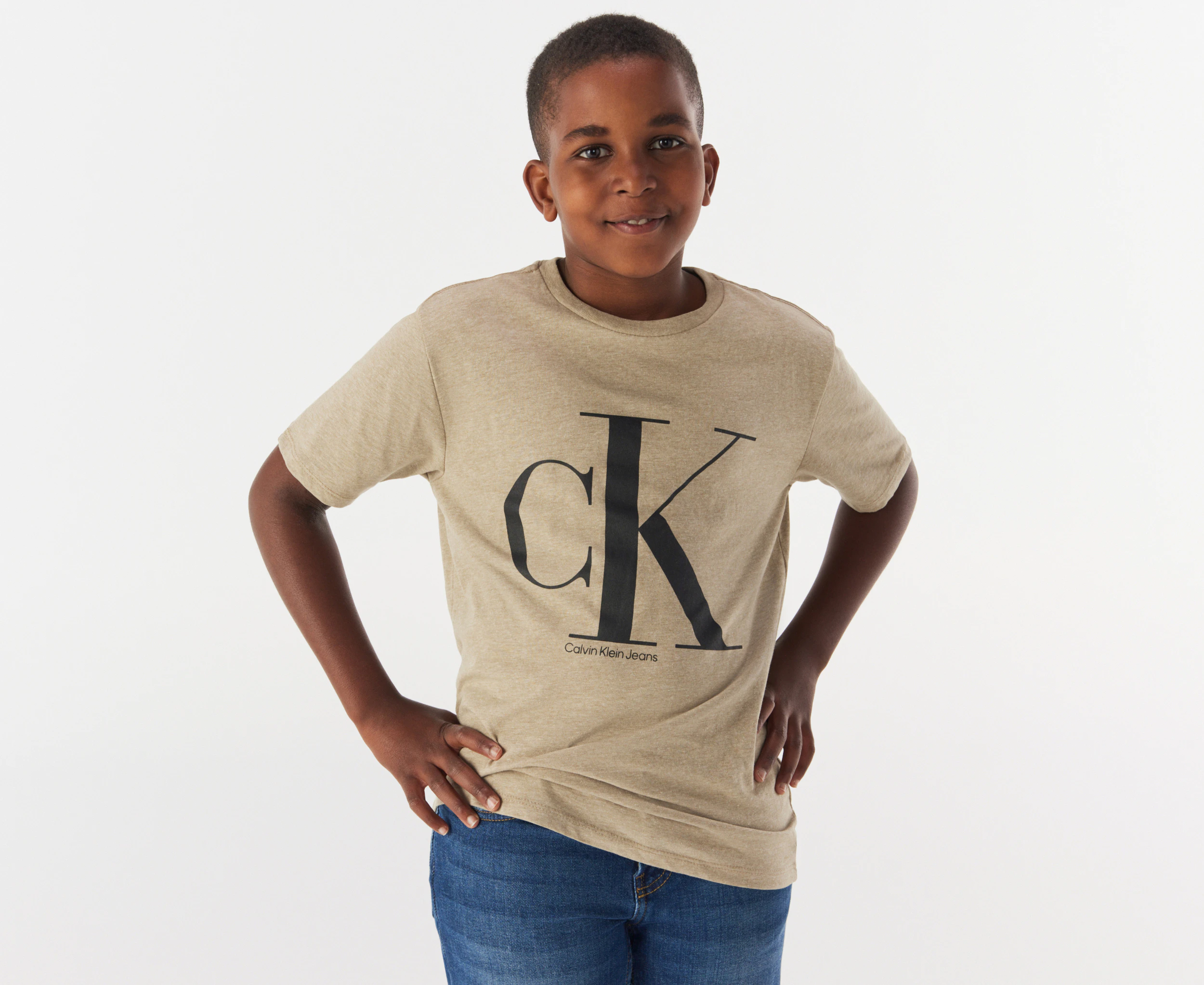 Calvin Klein Boys' Centre Monogram Logo Short Sleeve Tee / T-Shirt / Tshirt - Greige Heather