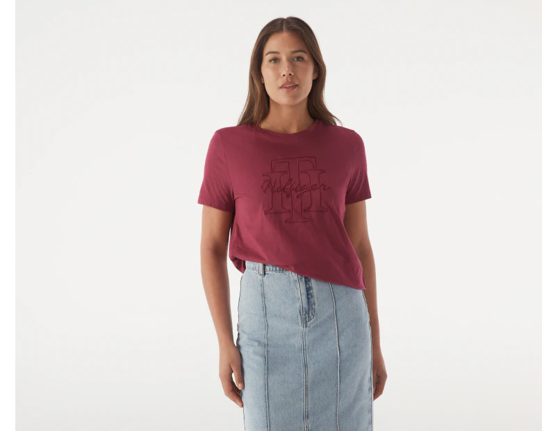 Tommy Hilfiger Women's Script Open Neck Tee / T-Shirt / Tshirt - Crimson Ruby