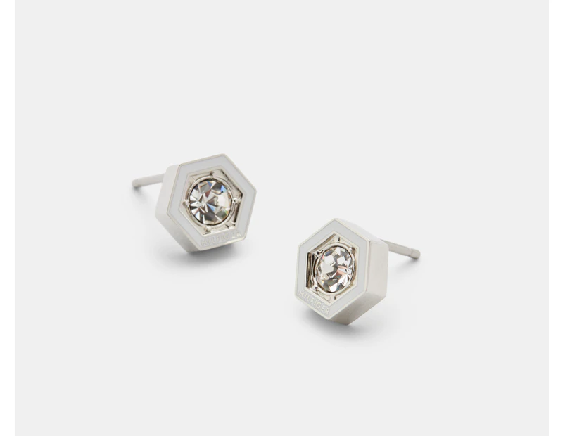 Tommy Hilfiger Geometric Crystal Stud Earrings - Silver/White