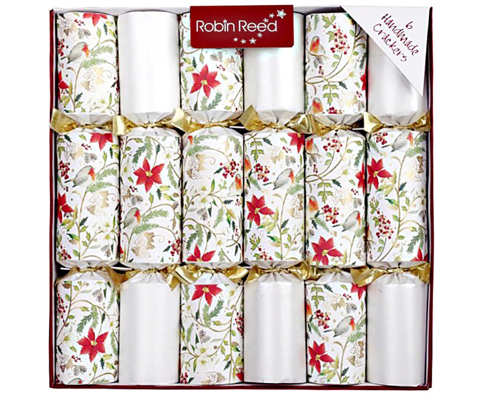 White Floral Robin Christmas Crackers  6pk