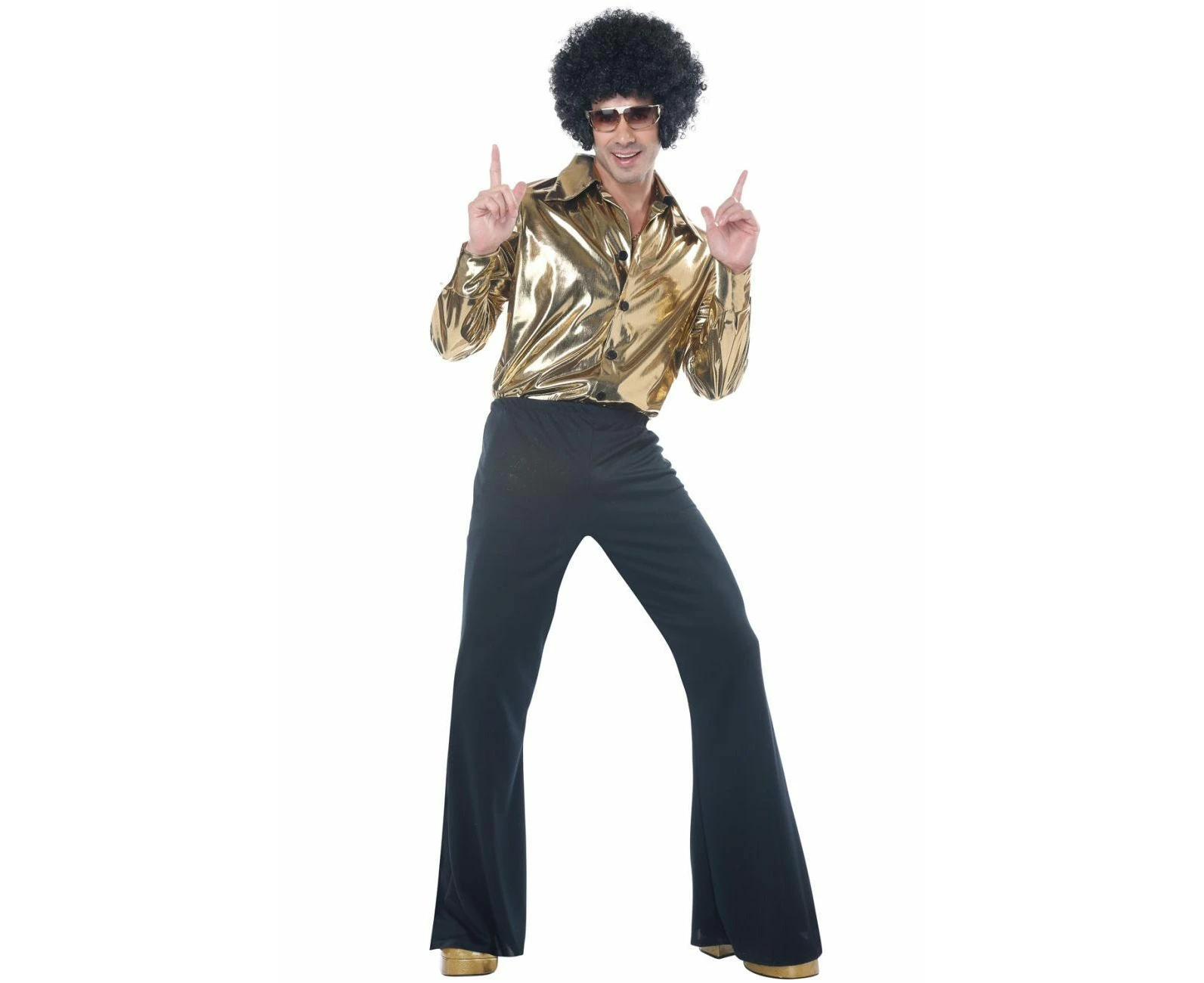 Disco King 1970s 60s Gold Shirt & Bellbottom Pants Retro Adult Mens Costume - Gold