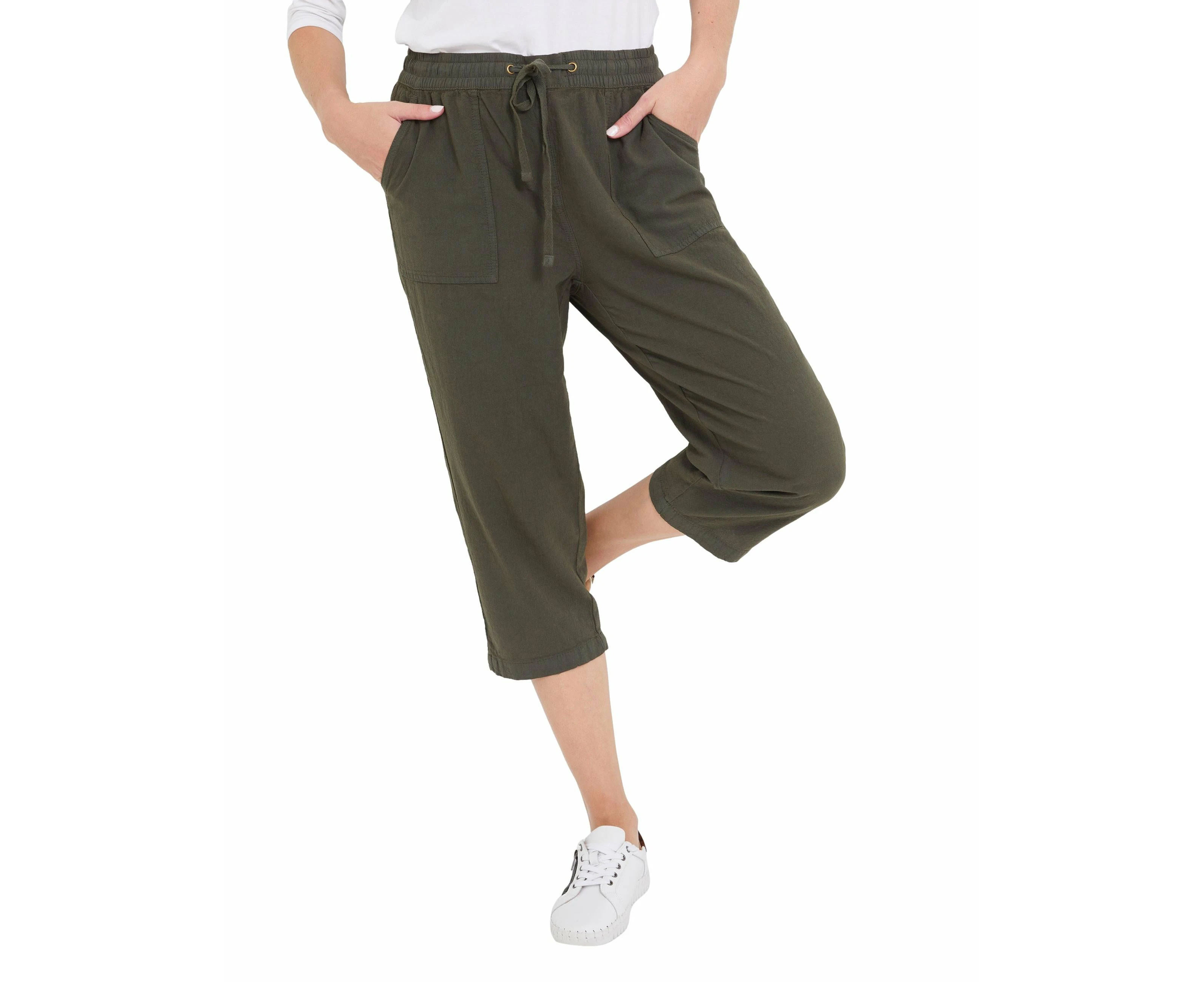 rivers - Womens Pants - Green Summer Cropped - Cotton - Casual Fashion Trousers - Dark Khaki - High Waist - Washer - Work Clothes - Office Wear