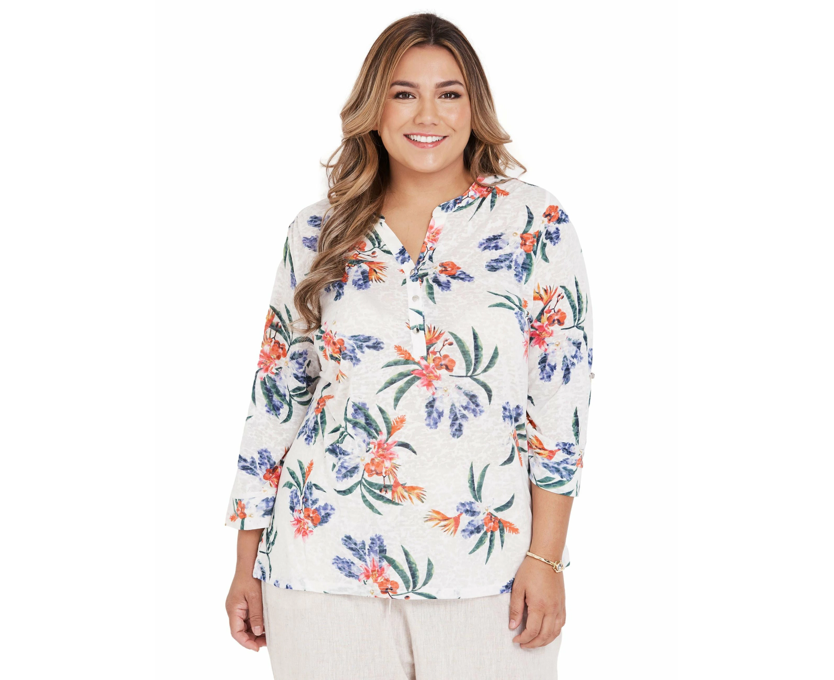 BeMe - Womens Plus Size - Tops - Winter - Henley - Jersey - White - 3/4 Sleeve - V Neck - Relaxed Fit - Length Long - Floral - Casual Work Clothes