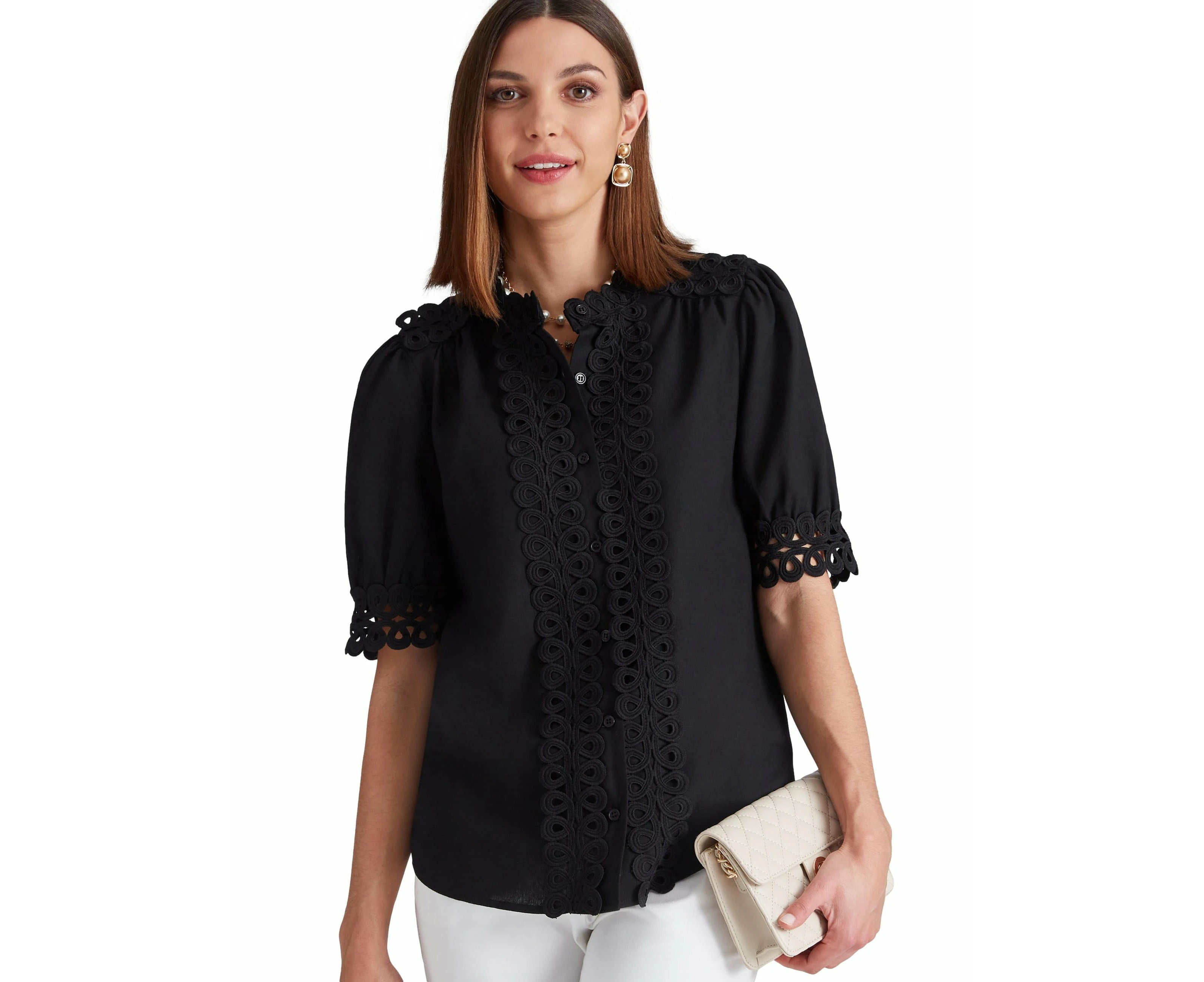 Noni B - Womens Summer Tops - Black Blouse / Shirt - Linen - Casual Clothing - Relaxed Fit - Elbow Sleeve - Crew Neck - Cropped - Office Work Wear