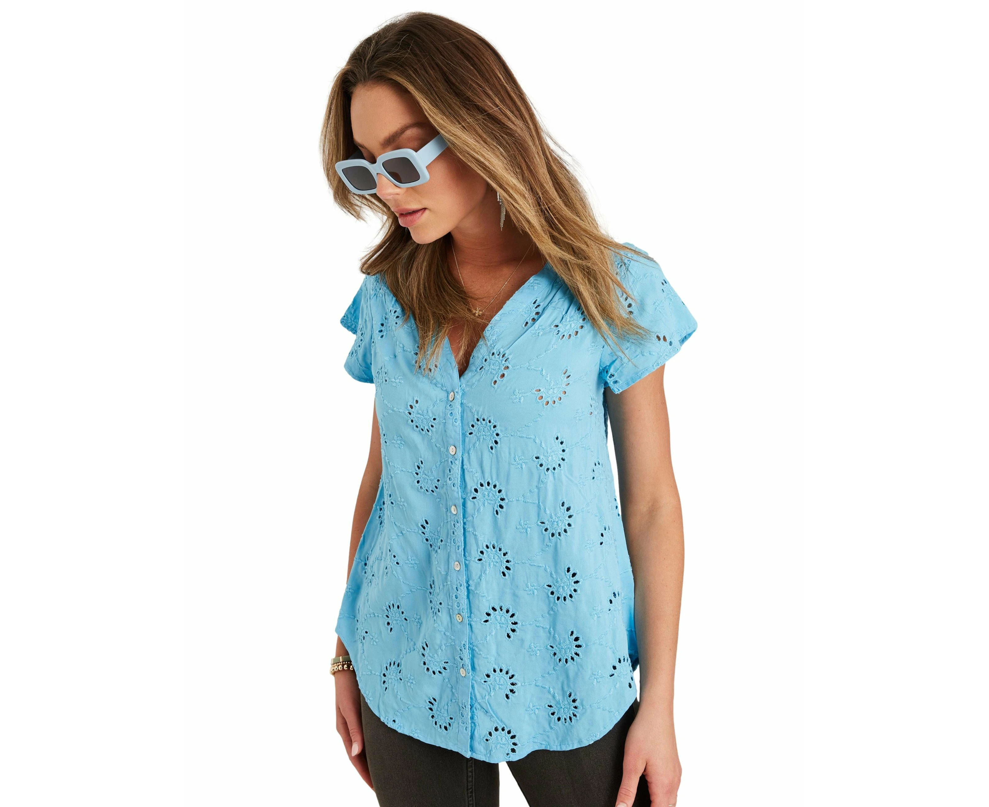 Rockmans - Womens - Tops - Summer - Blouse / Shirt - Blue - Short Sleeve - V Neck - Woven - Relaxed Fit - Length Regular - Office Wear - Work Clothes