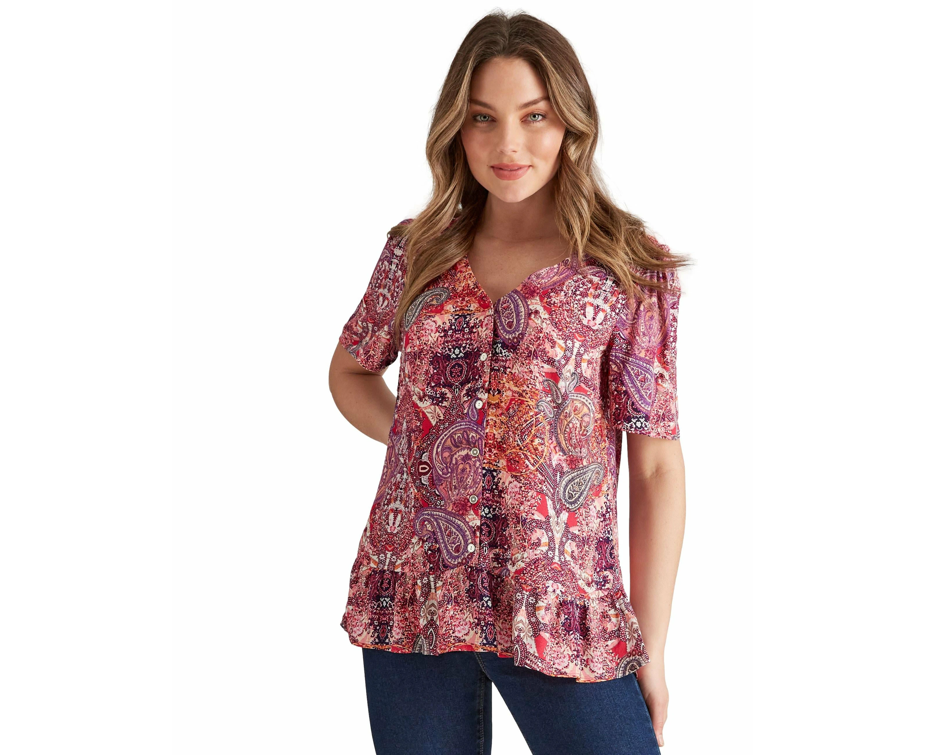 Rockmans - Womens Summer Tops - Beige Blouse / Shirt - Paisley - Smart Casual - Multi - Relaxed Fit - Elbow Sleeve - V Neck - Long - Woven - Work Wear