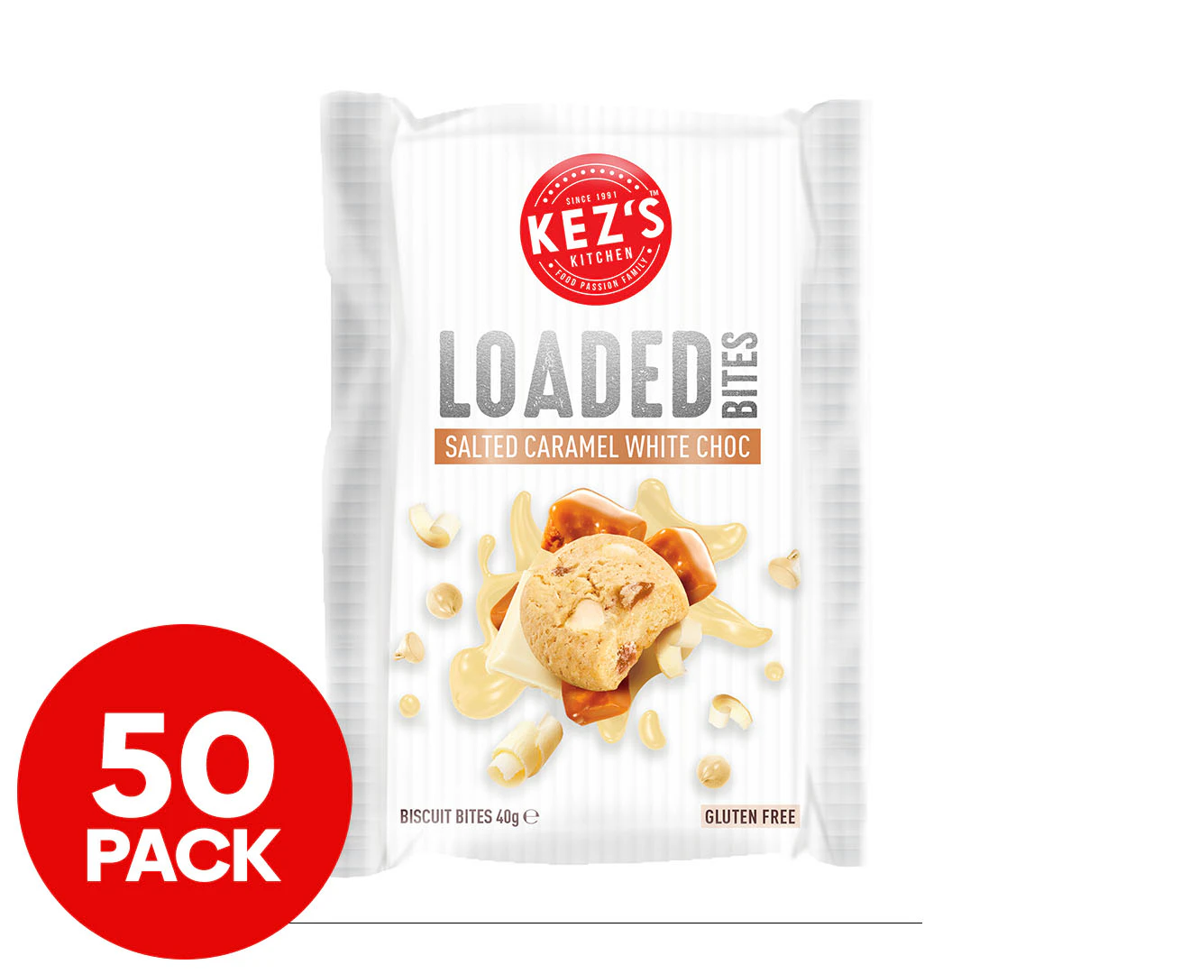 50 x Kez's Kitchen Gluten Free Loaded Biscuit Bites Salted Caramel White Choc 40g