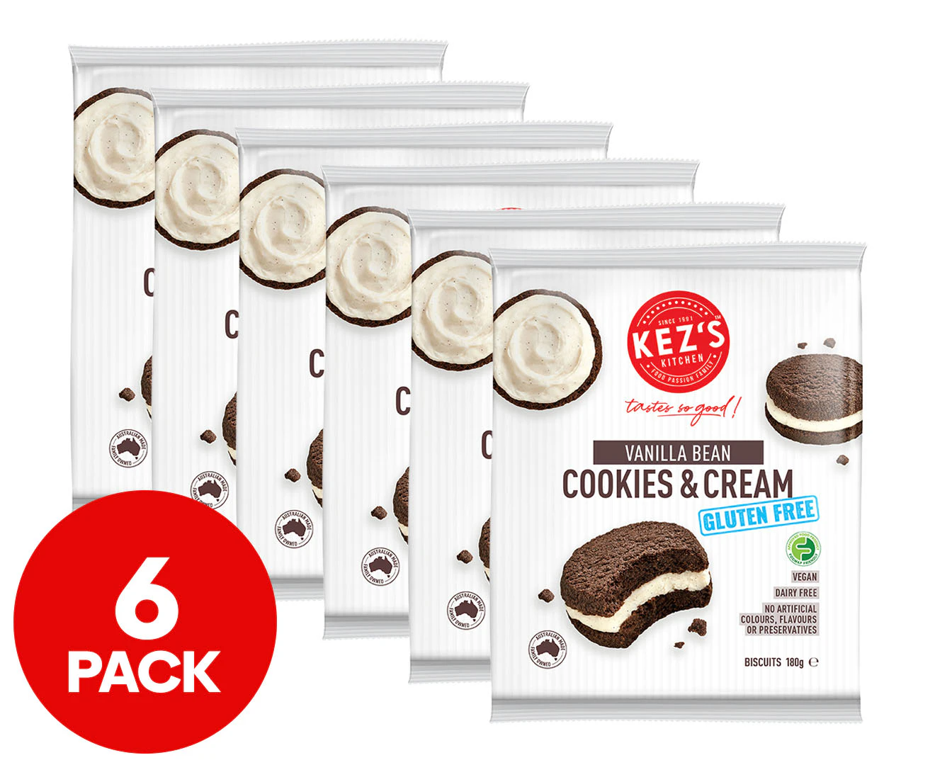 6 x Kez's Kitchen Gluten Free Cookies & Cream Biscuits Vanilla Bean 180g