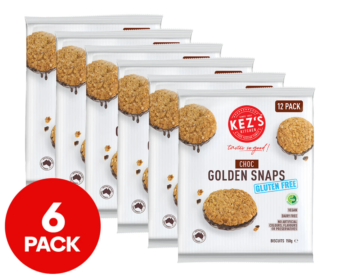 6 x Kez's Kitchen Gluten Free Golden Snaps Chocolate 150g