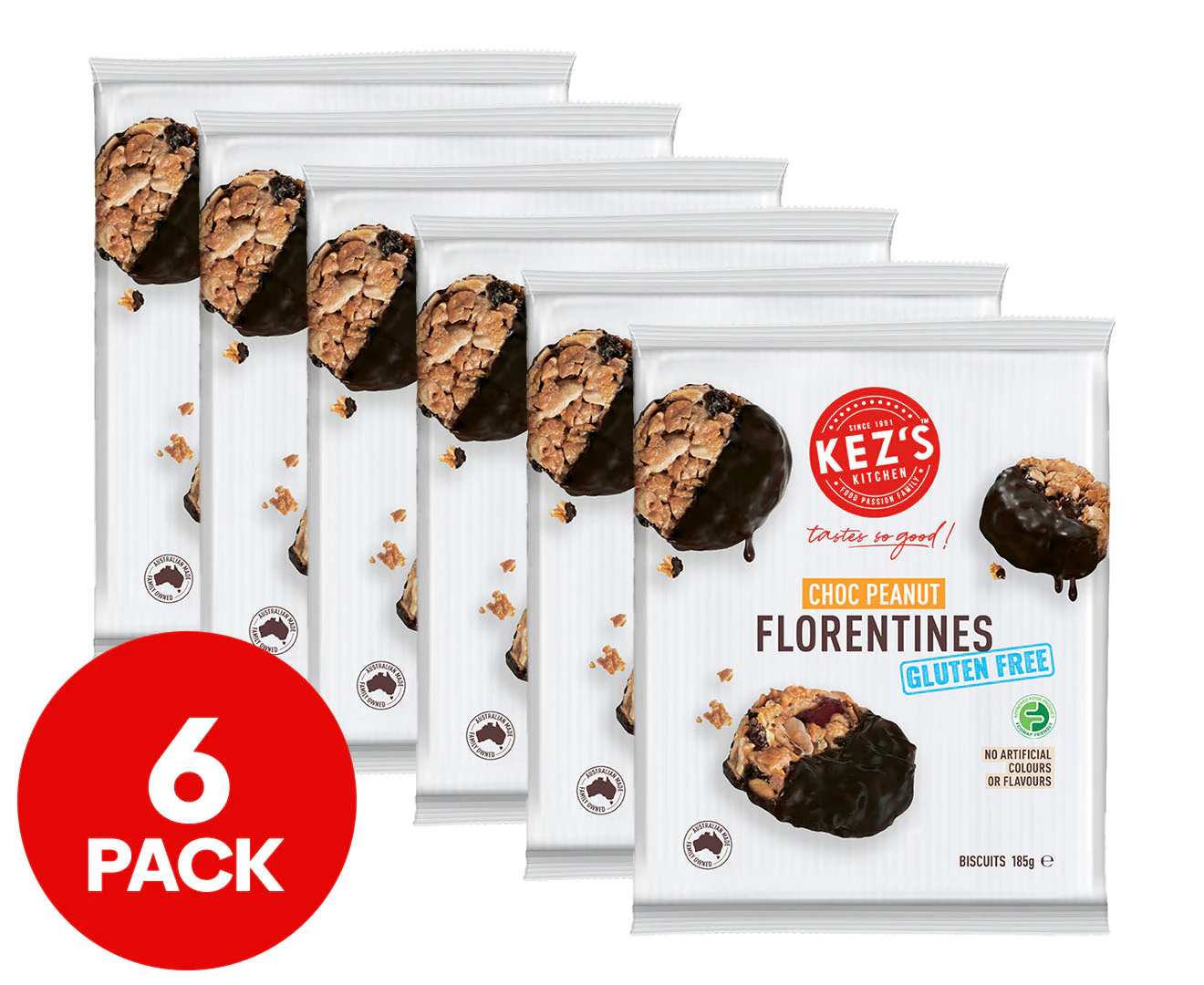 6 x Kez's Kitchen Gluten Free Florentines Choc Peanut 185g