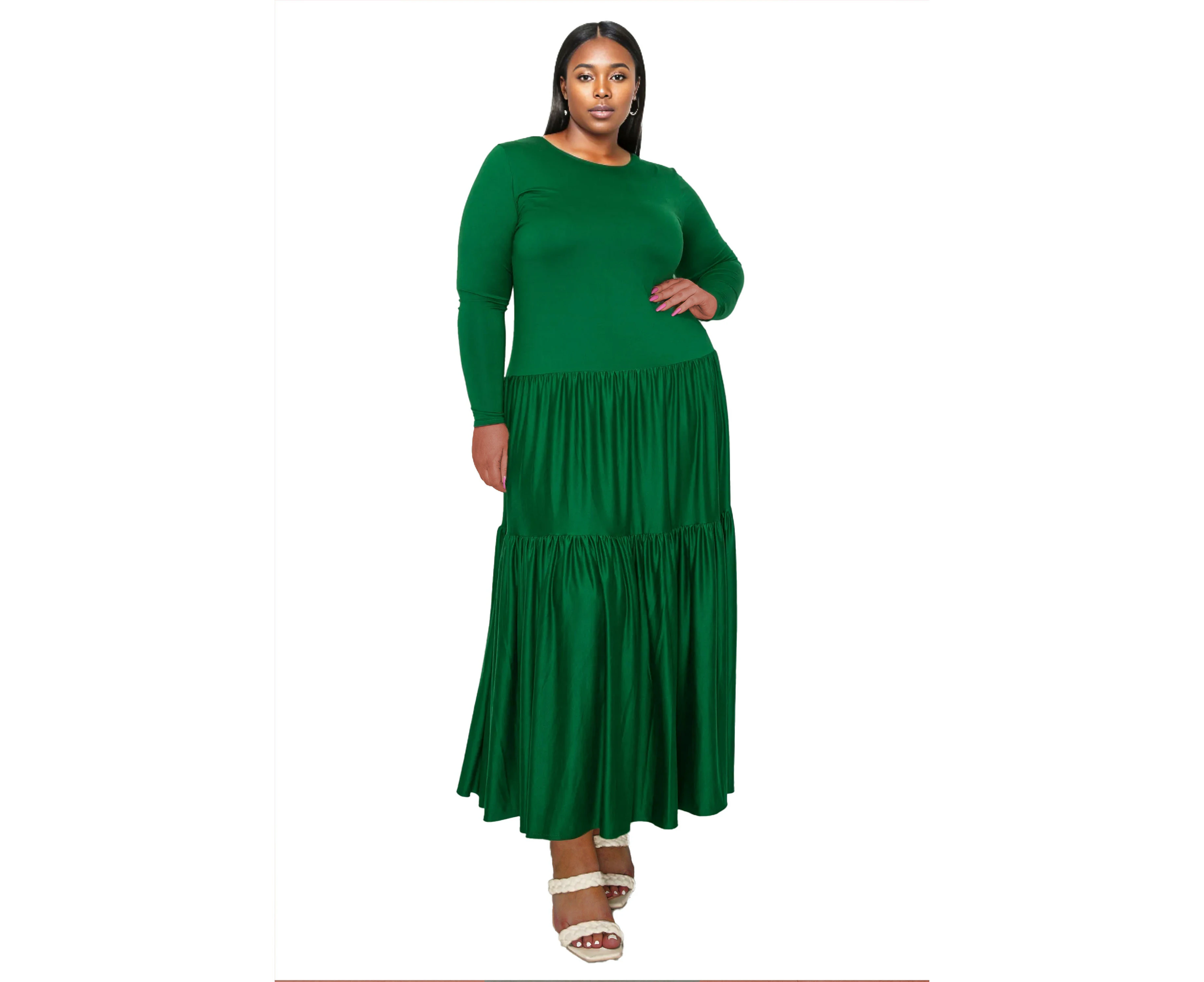 L I V D Women's Plus Size Tiered Maxi Dress with Long Sleeves