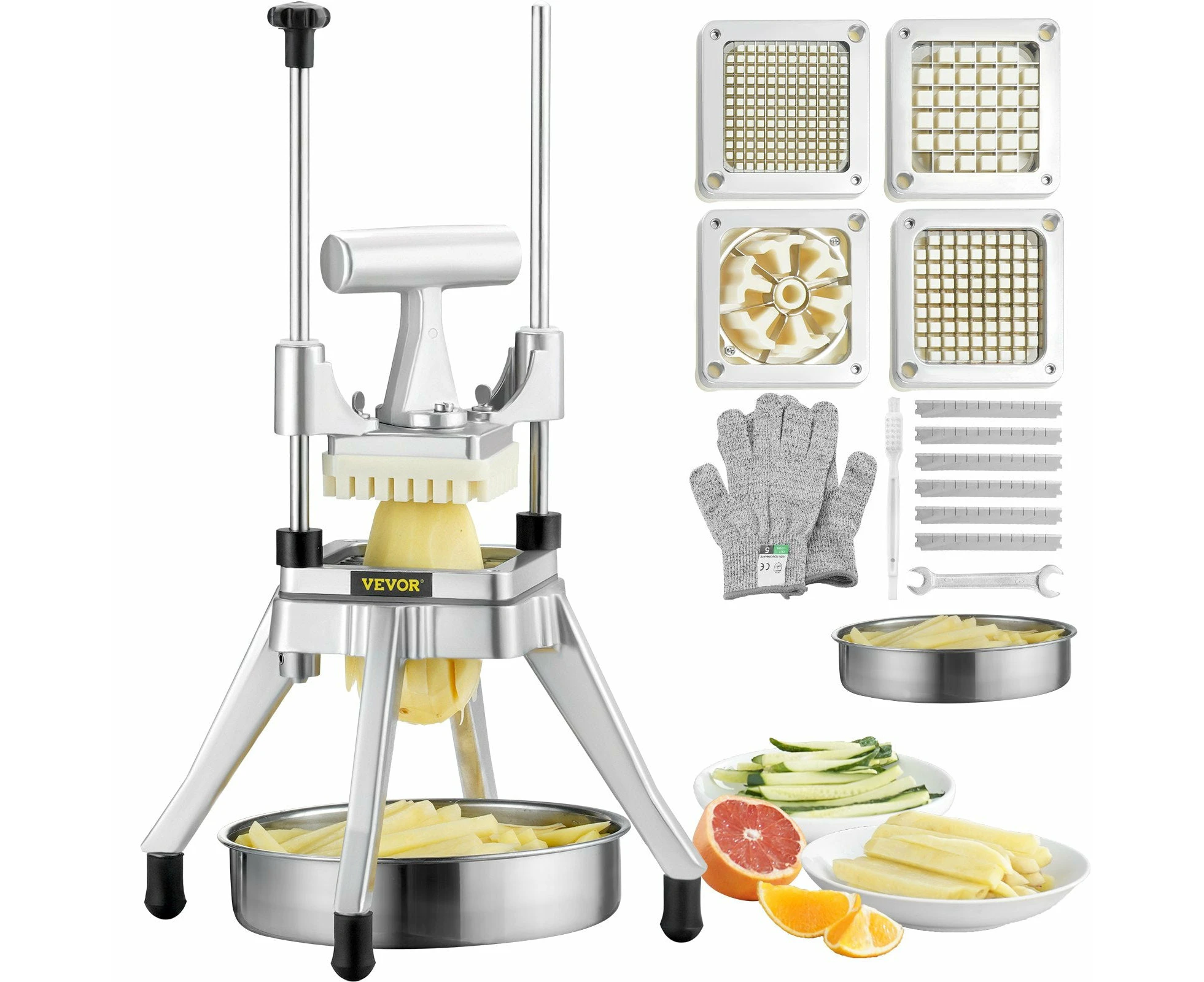 VEVOR Potato Slicer Commercial Vegetable Fruit Cutter Chopper 4 Blades & Tray