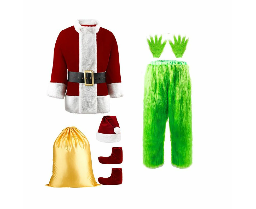 Set of 7 Men Woman Size 2XL Green Santa Costume Furry Santa Suit for Christmas Cosplay No Mask Included