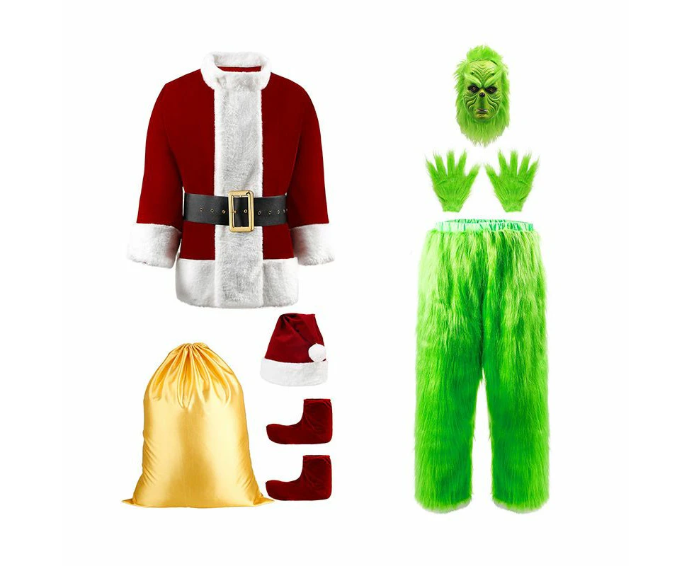 Set of 8 Green Santa Costumes for Men Woman Halloween Furry Santa Suit with Mask Christmas Cosplay Outfit Size XL