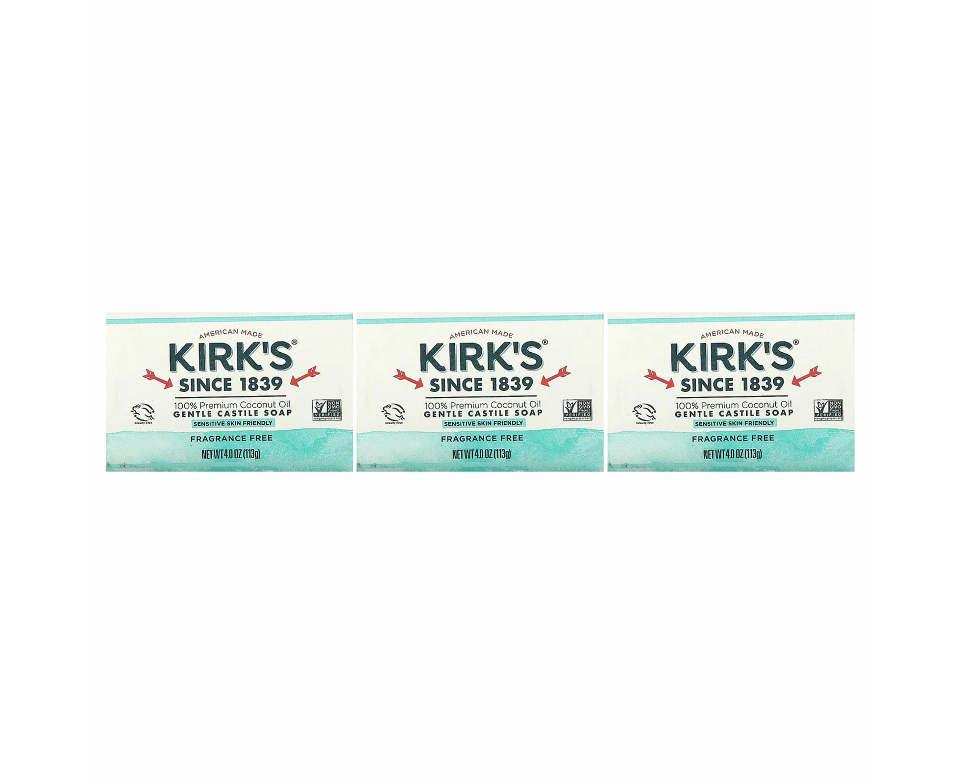 Kirk's, 100% Premium Coconut Oil Gentle Castile Soap, Fragrance Free, 3 Bars, 4 oz (113 g) Each