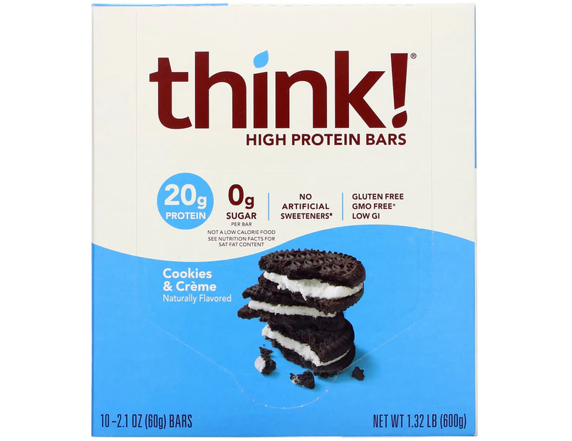 Think !, High Protein Bars, Cookies and Cream, 10 Bars, 2.1 oz (60 g) Each