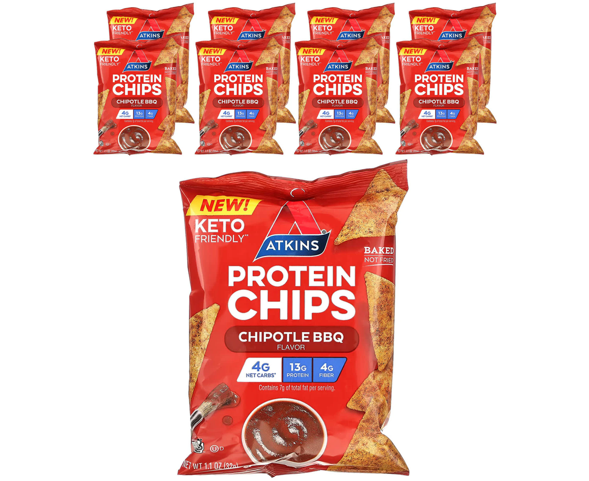 Atkins, Protein Chips, Chipotle BBQ, 8 Bags, 1.1 oz (32 g) Each