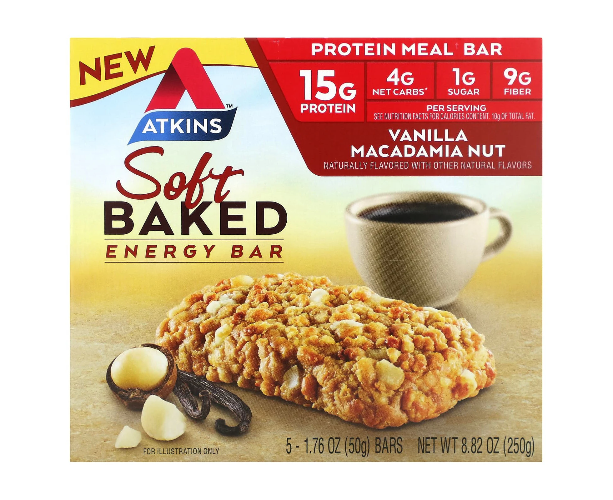 Atkins, Soft Baked Energy Bar, Vanilla Macadamia Nut, 5 Bars, 1.76 oz (50 g) Each