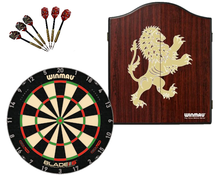 Winmau Blade 6 TRIPLE CORE Dart Board + Lion Cabinet + Darts Set