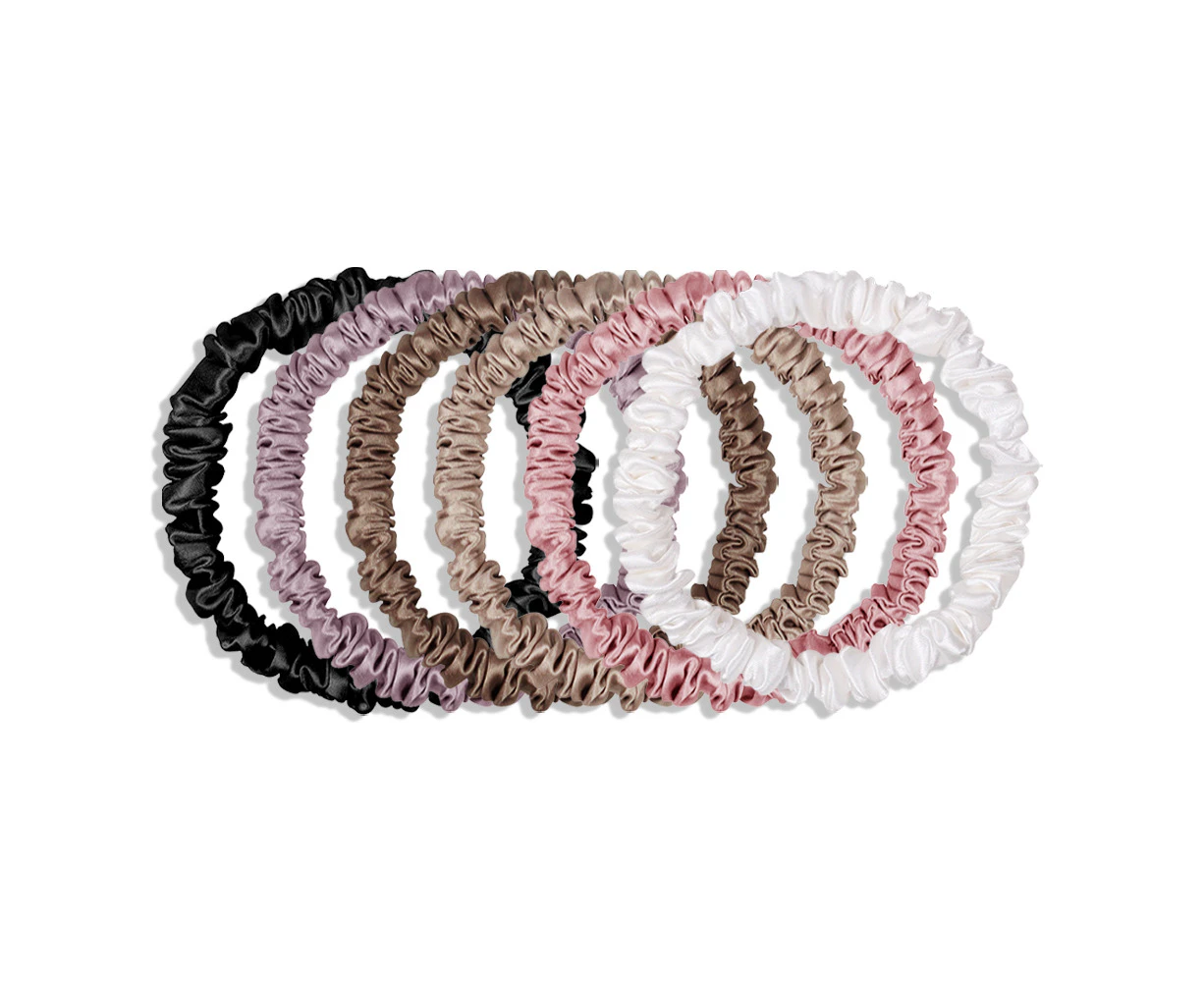 QIYUE 1*6 Pcs Comfortable Small Silk Scrunchy Skinny Hair Ties Ropes Elastics Ponytail (Whitelitepinkcarameltarolitegoldblack)