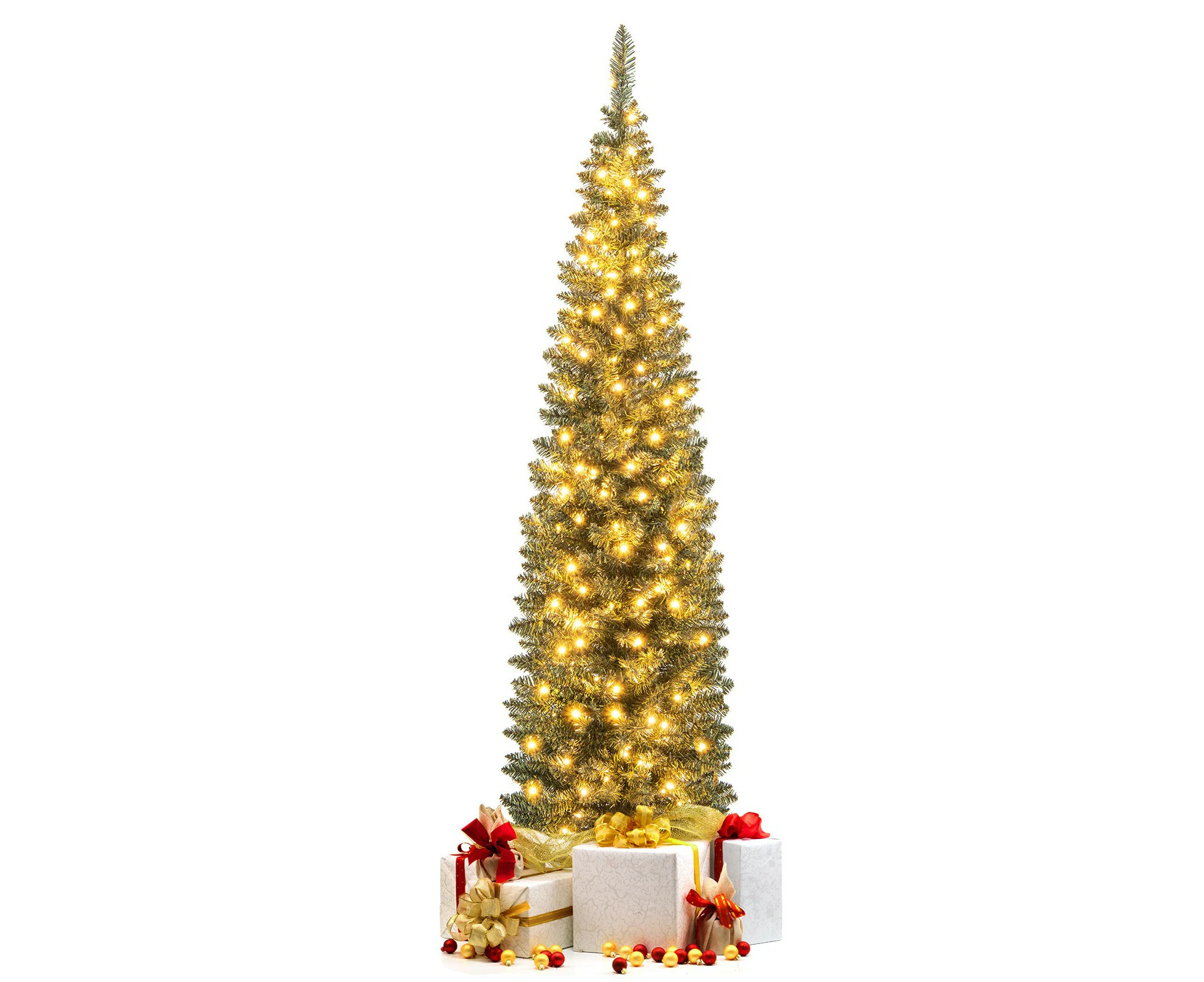 Costway 150CM Pre-Lit Artificial Christmas Tree Slim Pencil Xmas Tree W/ 296 Branch Tips & 150 Warm White LED Lights