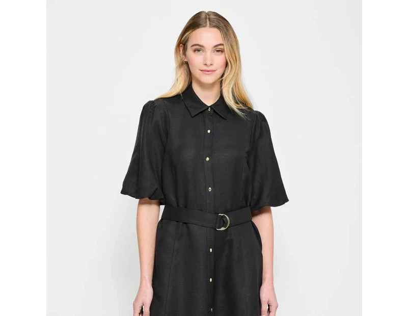 Linen Blend Balloon Sleeve Mini Dress - Preview