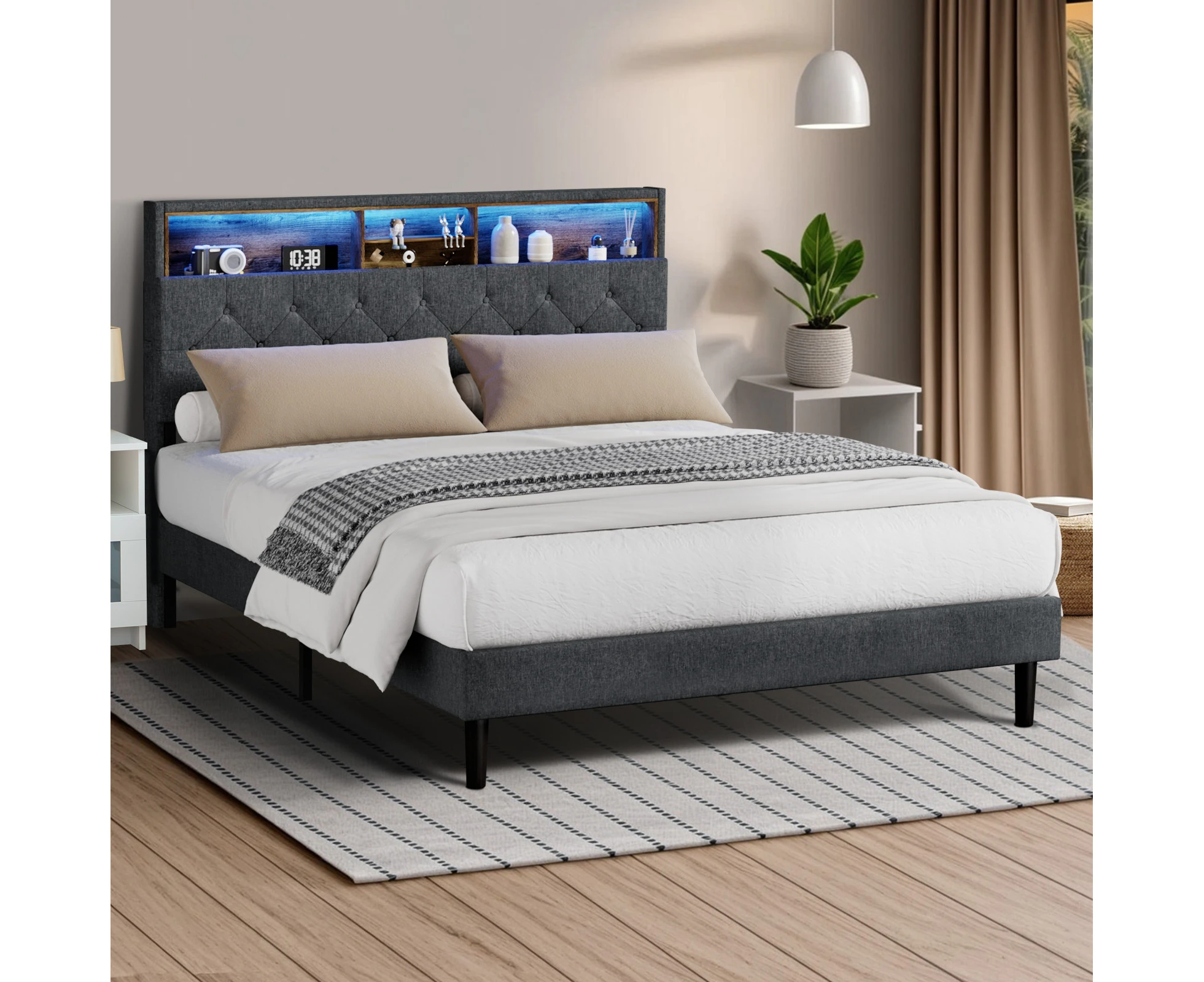 Oikiture Bed Frame Queen Size Beds Base with LED Storage Bedhead NOVI