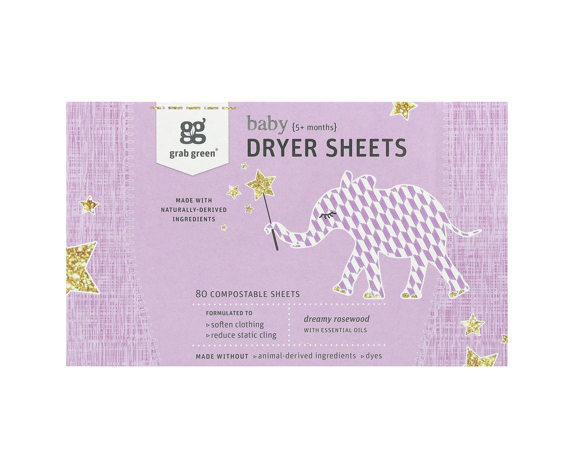 Grab Green, Baby Dryer Sheets, 5+ Months, Dreamy Rosewood with Essential Oils, 80 Compostable Sheets