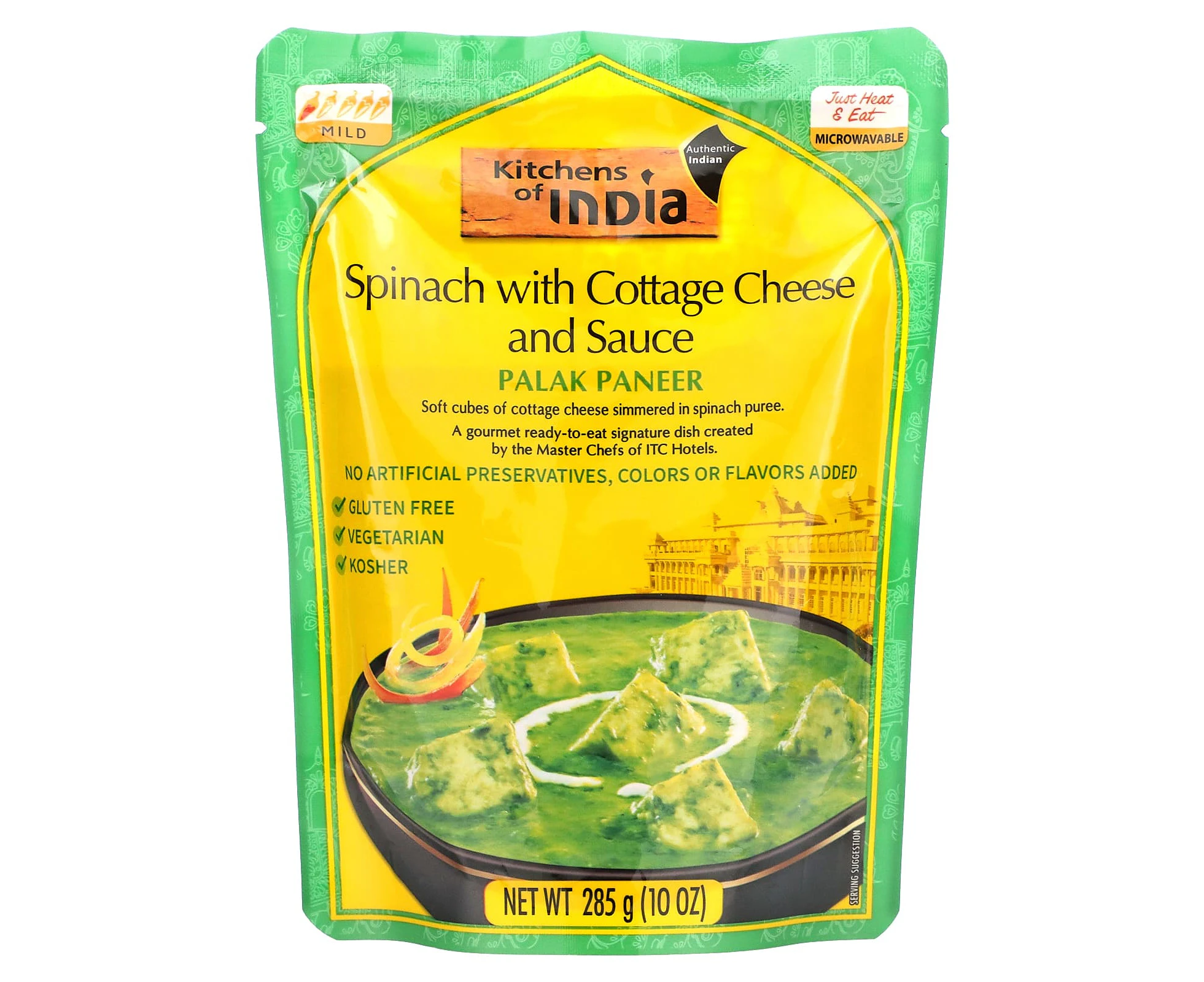 Kitchens of India, Palak Paneer, Spinach with Cottage Cheese and Sauce, Mild, 10 oz (285 g)