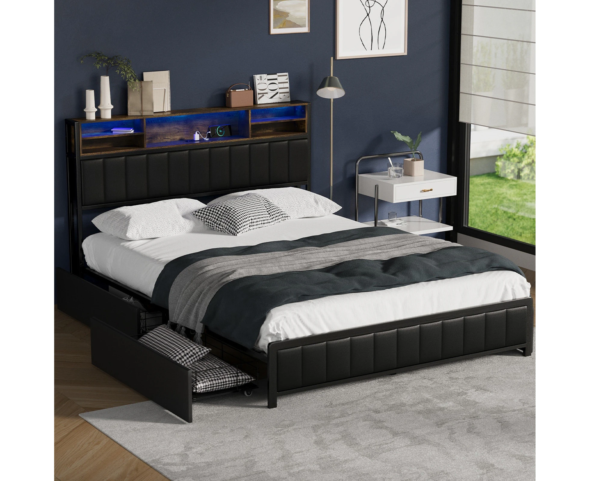 Oikiture Bed Frame Queen Size with LED Storage Bedhead 4 Drawers USB Charge