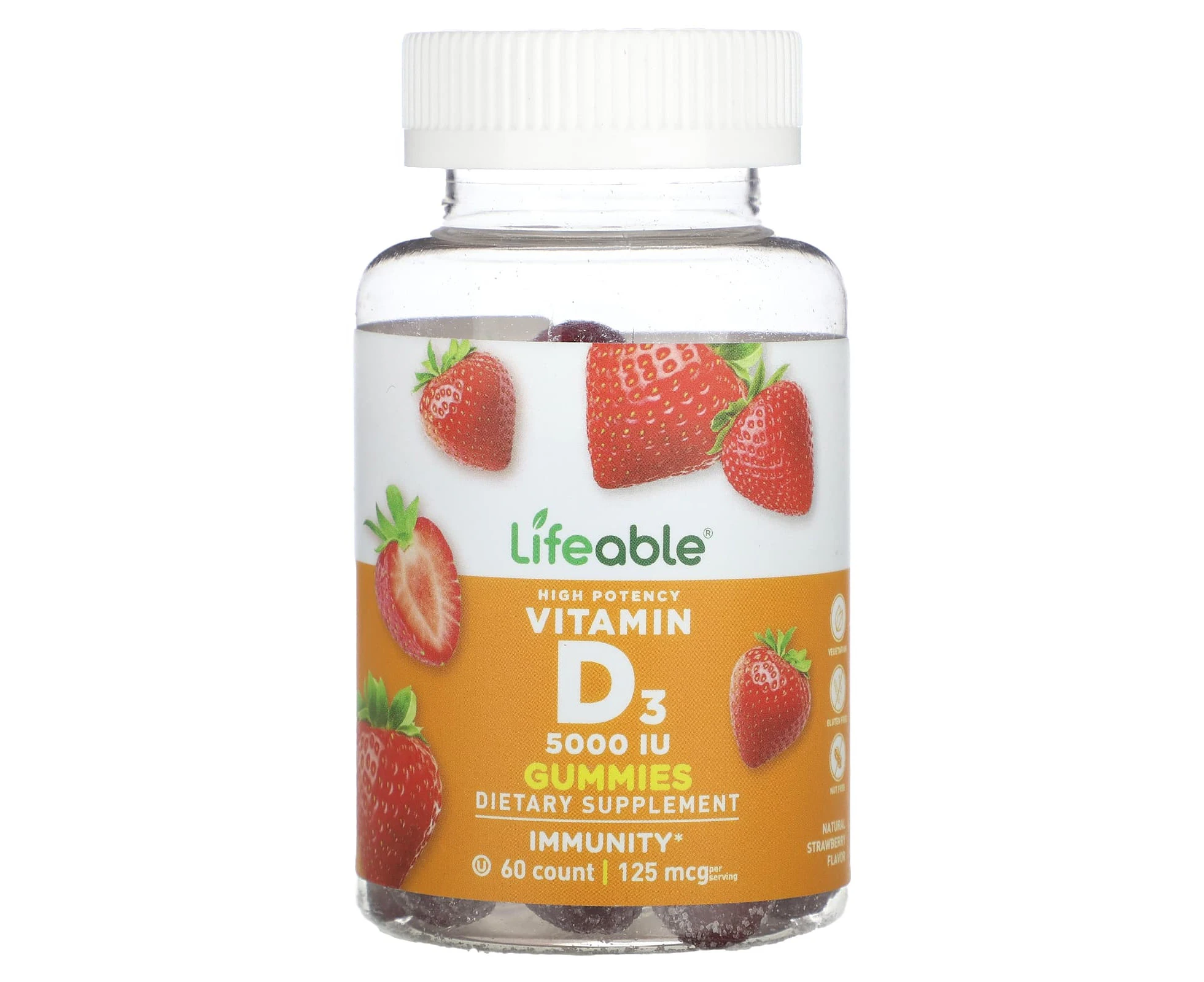 Lifeable, High Potency Vitamin D3 Gummies, Natural Strawberry, 5,000 IU, 60 Gummies (62.5 mg (2,500 IU) per Gummy)