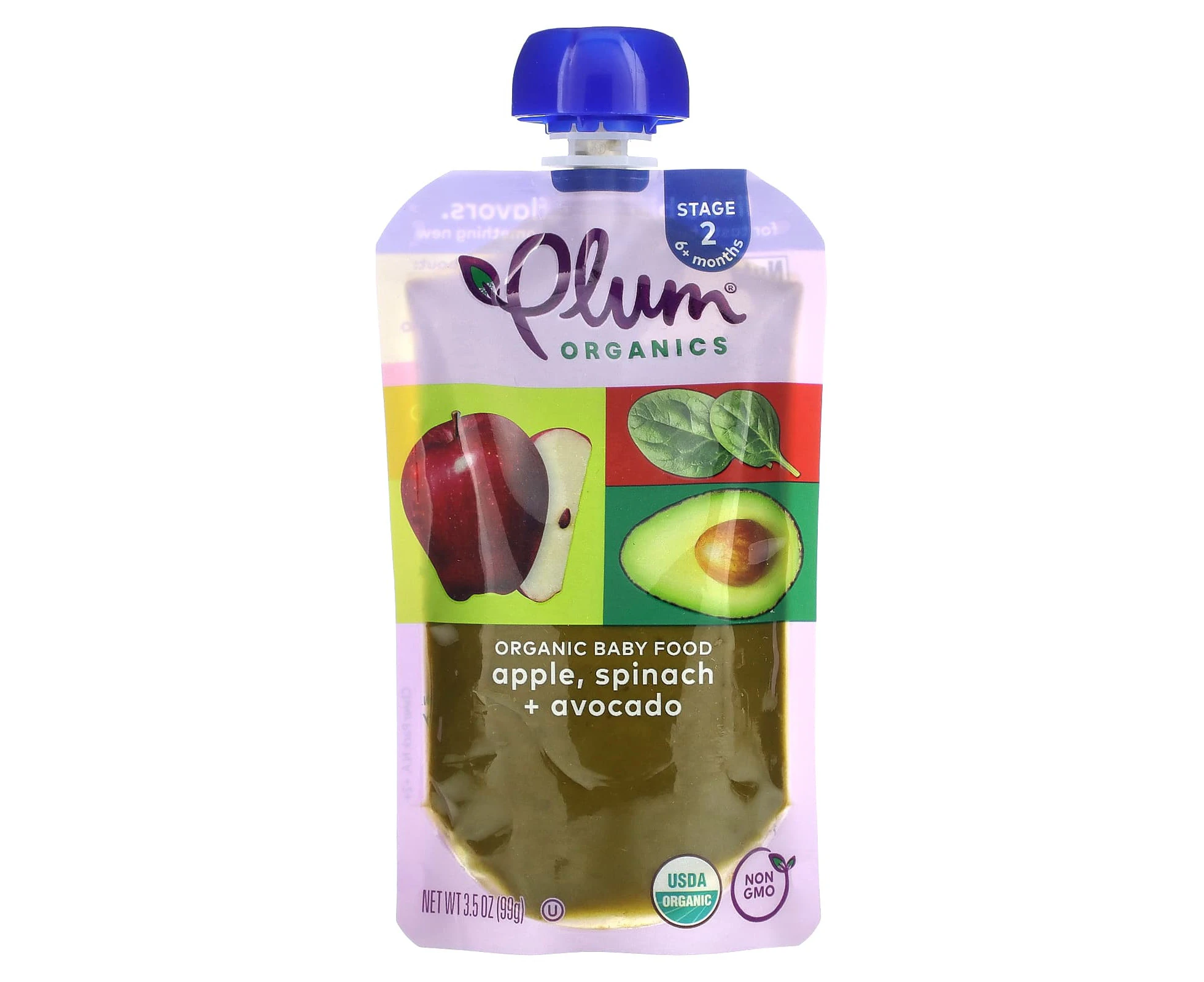 Plum Organics, Organic Baby Food, 6+ Months, Apple, Spinach + Avocado, 3.5 oz (99 g)