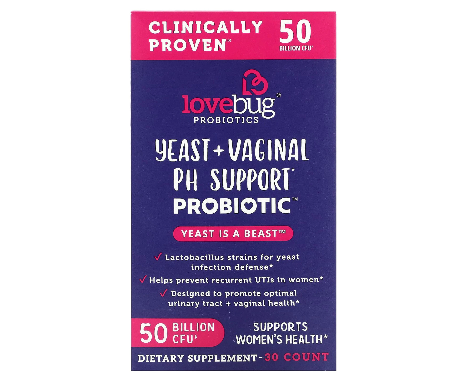 LoveBug Probiotics, Yeast + Vaginal PH Support Probiotic, 50 Billion CFU, 30 Count