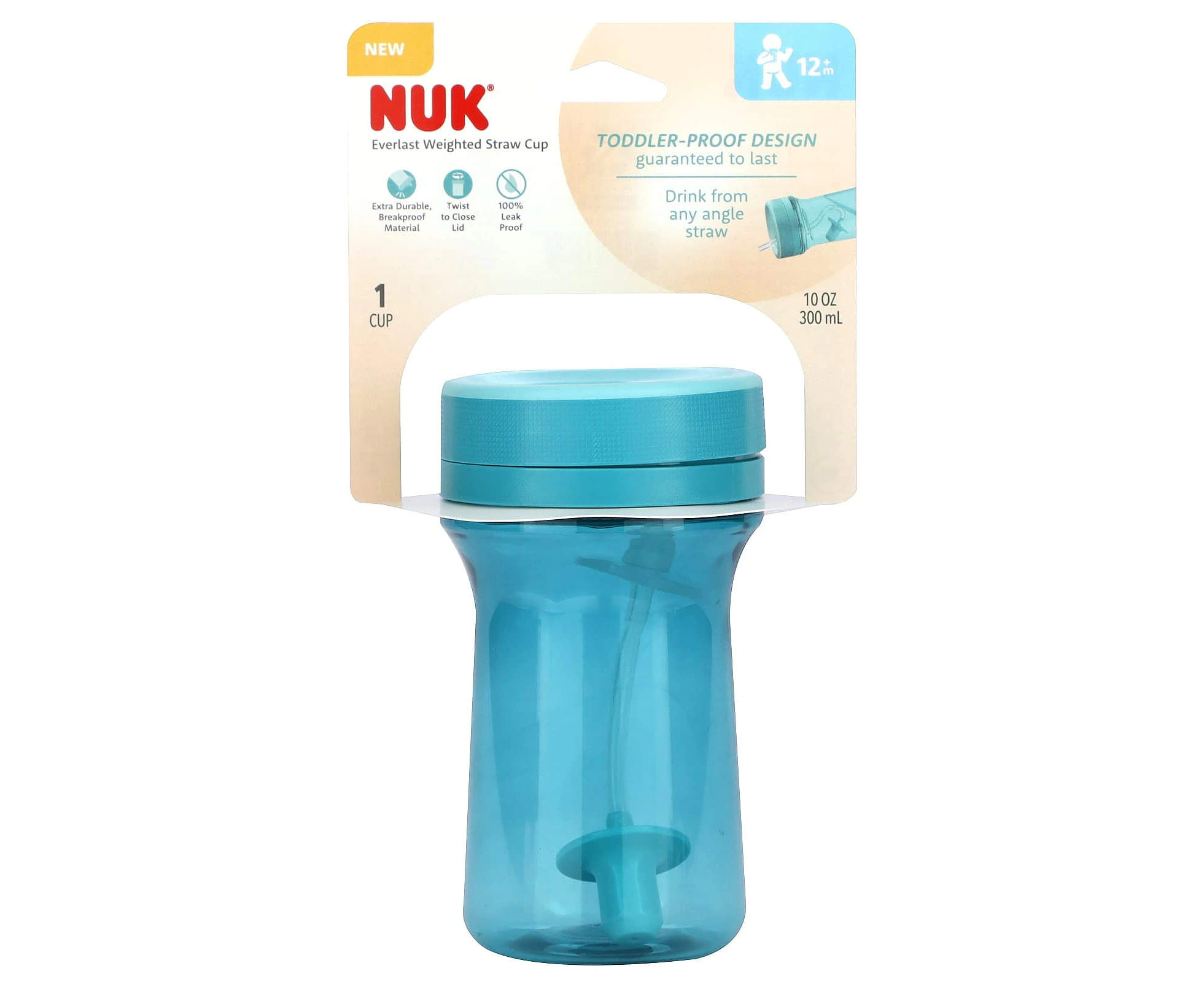 NUK, Everlast Weighted Straw Cup, 12+ Months, Teal, 10 oz (300 ml)