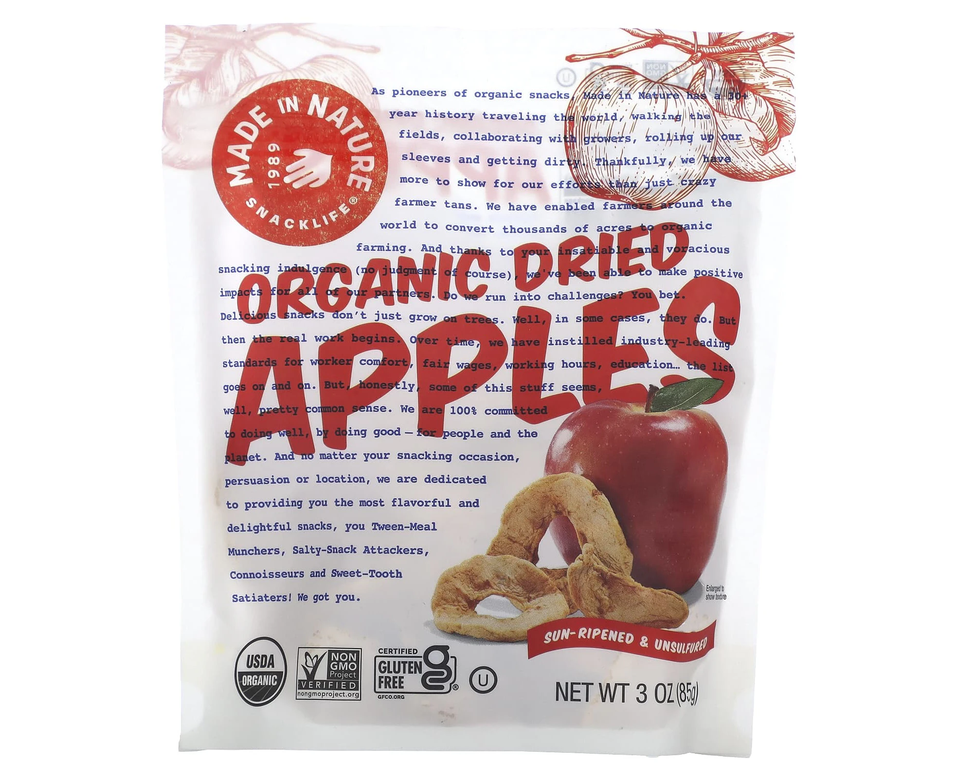 Made in Nature, Organic Dried Apples, Sun-Ripened & Unsulfured, 3 oz (85 g)