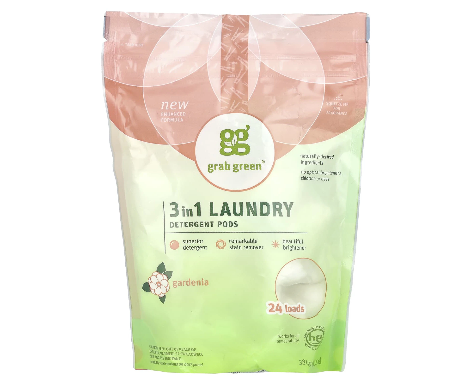 Grab Green, 3-in-1 Laundry Detergent Pods, Gardenia, 24 Loads, 13.5 oz (384 g)