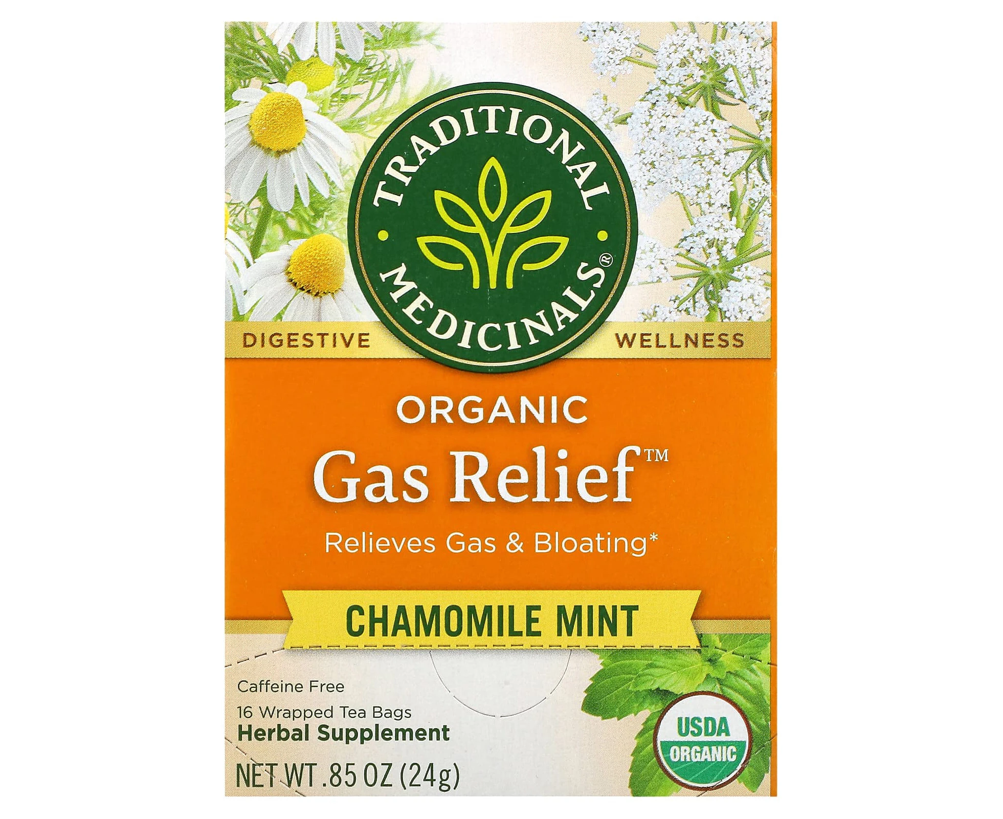 Traditional Medicinals, Organic Gas Relief, Chamomile Mint, Caffeine Free, 16 Wrapped Tea Bags, 0.85 oz (24 g)