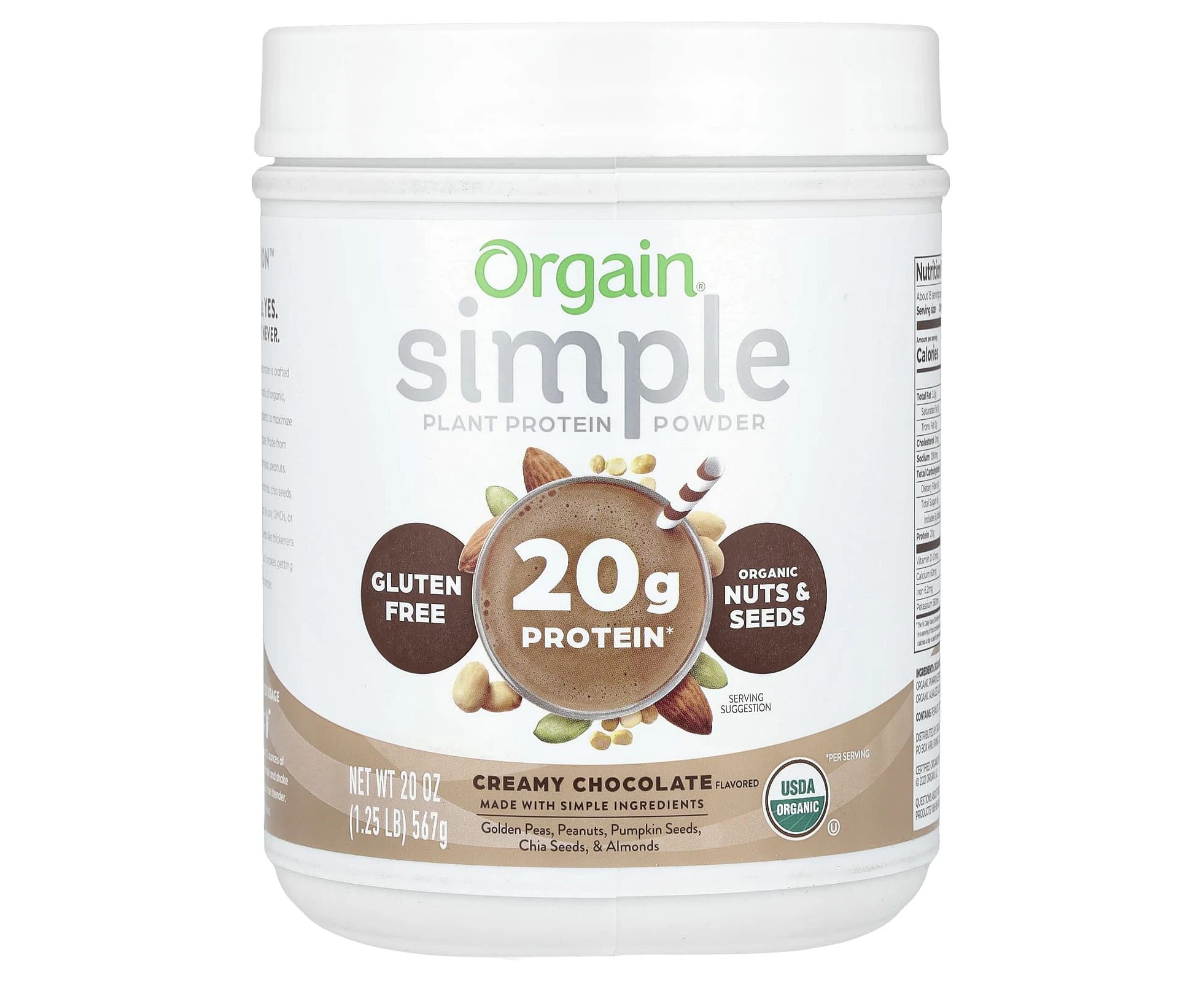 Orgain, Simple, Plant Protein Powder, Creamy Chocolate, 1.25 lb (567 g)