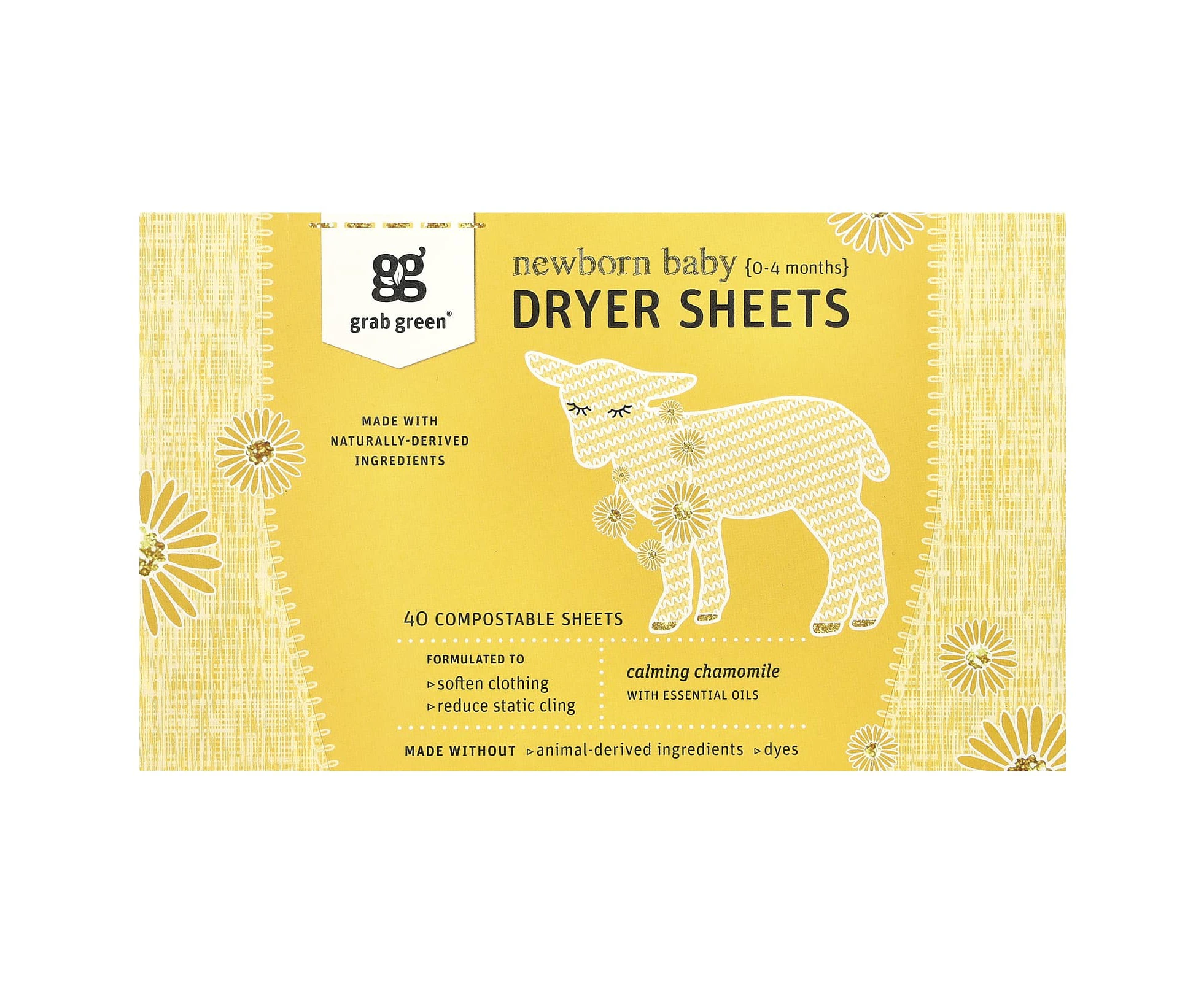 Grab Green, Newborn Baby Dryer Sheets, 0-4 Months, 40 Compostable Sheets