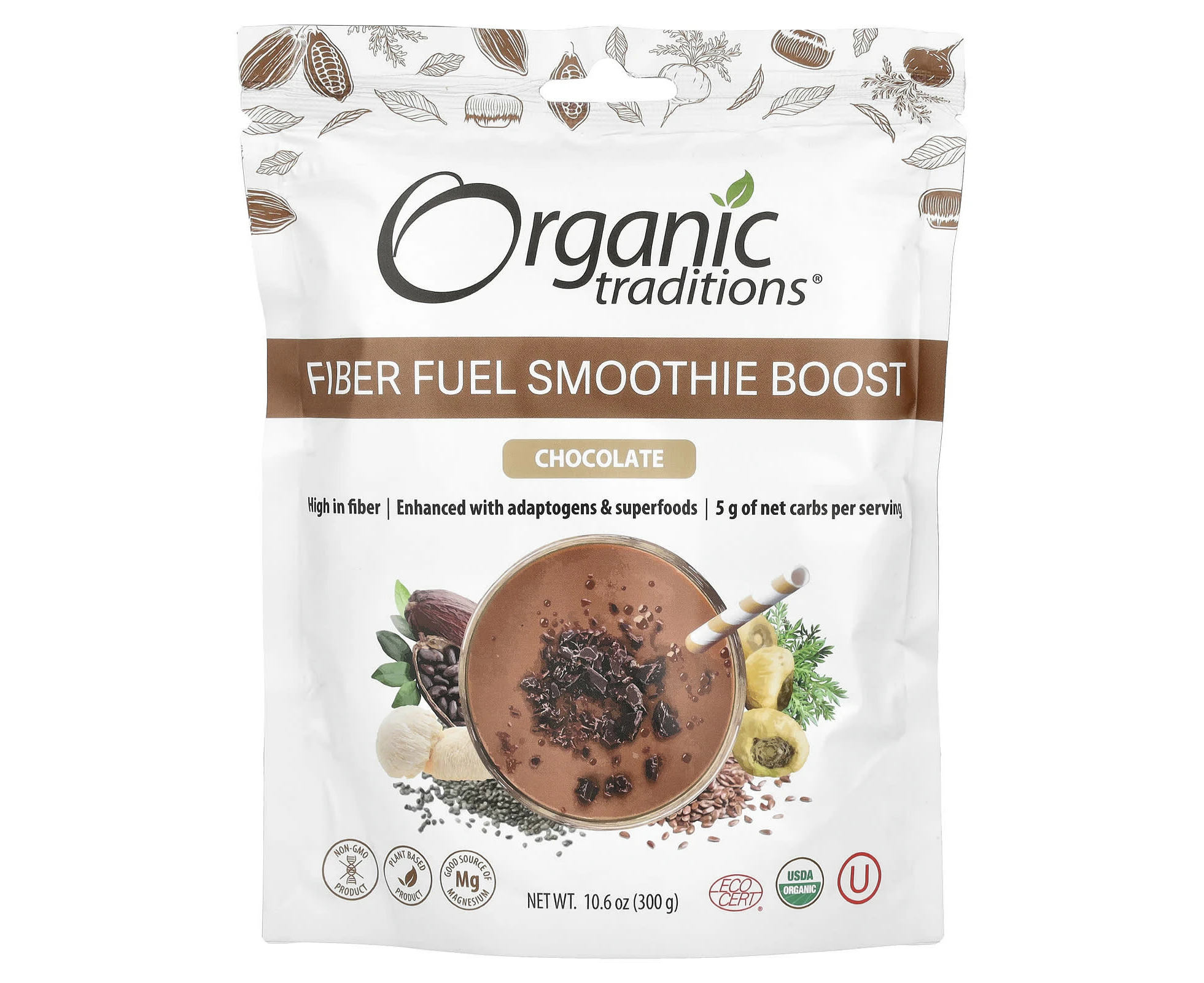 Organic Traditions, Fiber Fuel Smoothie Boost, Chocolate, 10.6 oz (300 g)