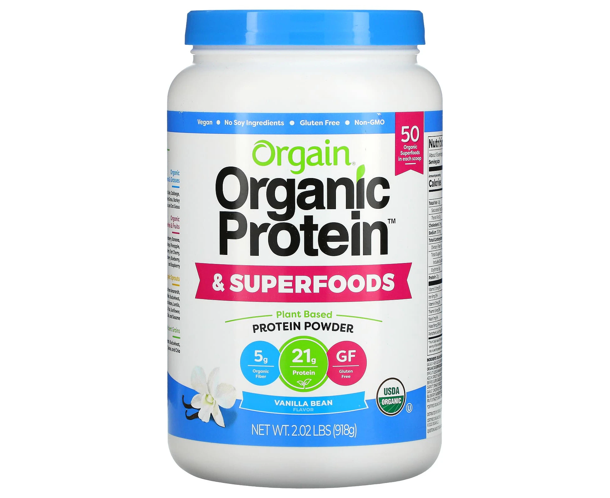 Orgain, Organic Protein & Superfoods Powder, Plant Based, Vanilla Bean, 2.02 lbs (918 g)