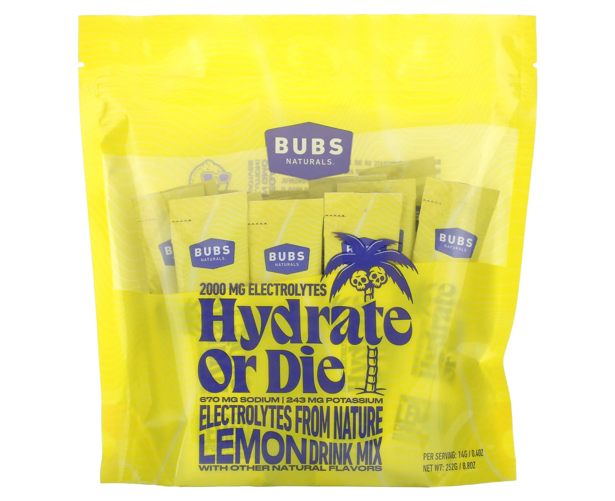 BUBS Naturals, Hydrate or Die, Electrolyte Drink Mix, Lemon, 18 Sticks, 0.4 oz (14 g) Each