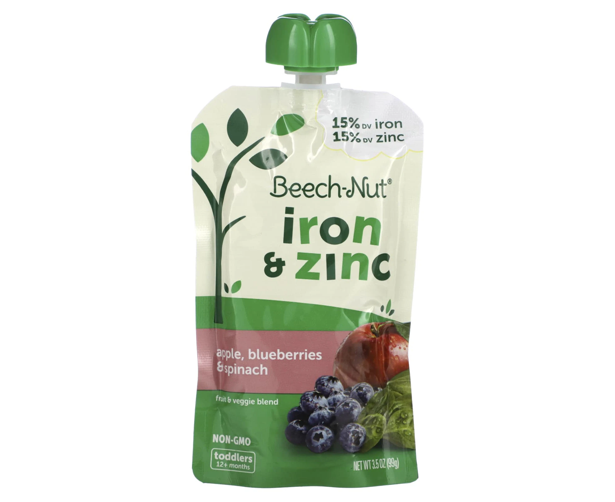 Beech-Nut, Fruit & Veggie Blend, Iron & Zinc, 12+ Months, Apple, Blueberries & Spinach, 3.5 oz (99 g)