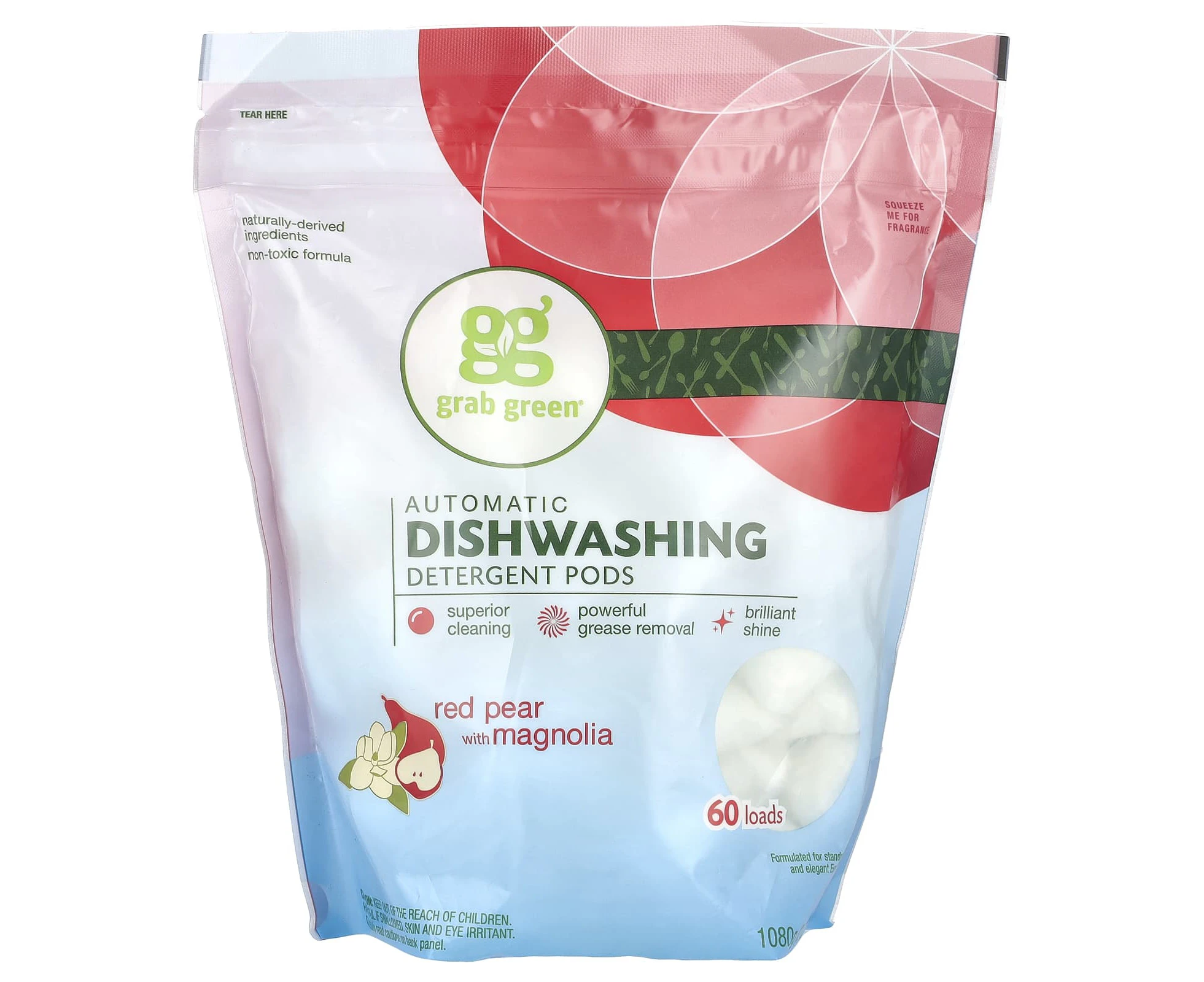 Grab Green, Automatic Dishwashing Detergent Pods, Red Pear with Magnolia, 60 Loads, 2 lbs 6 oz (1080 g)