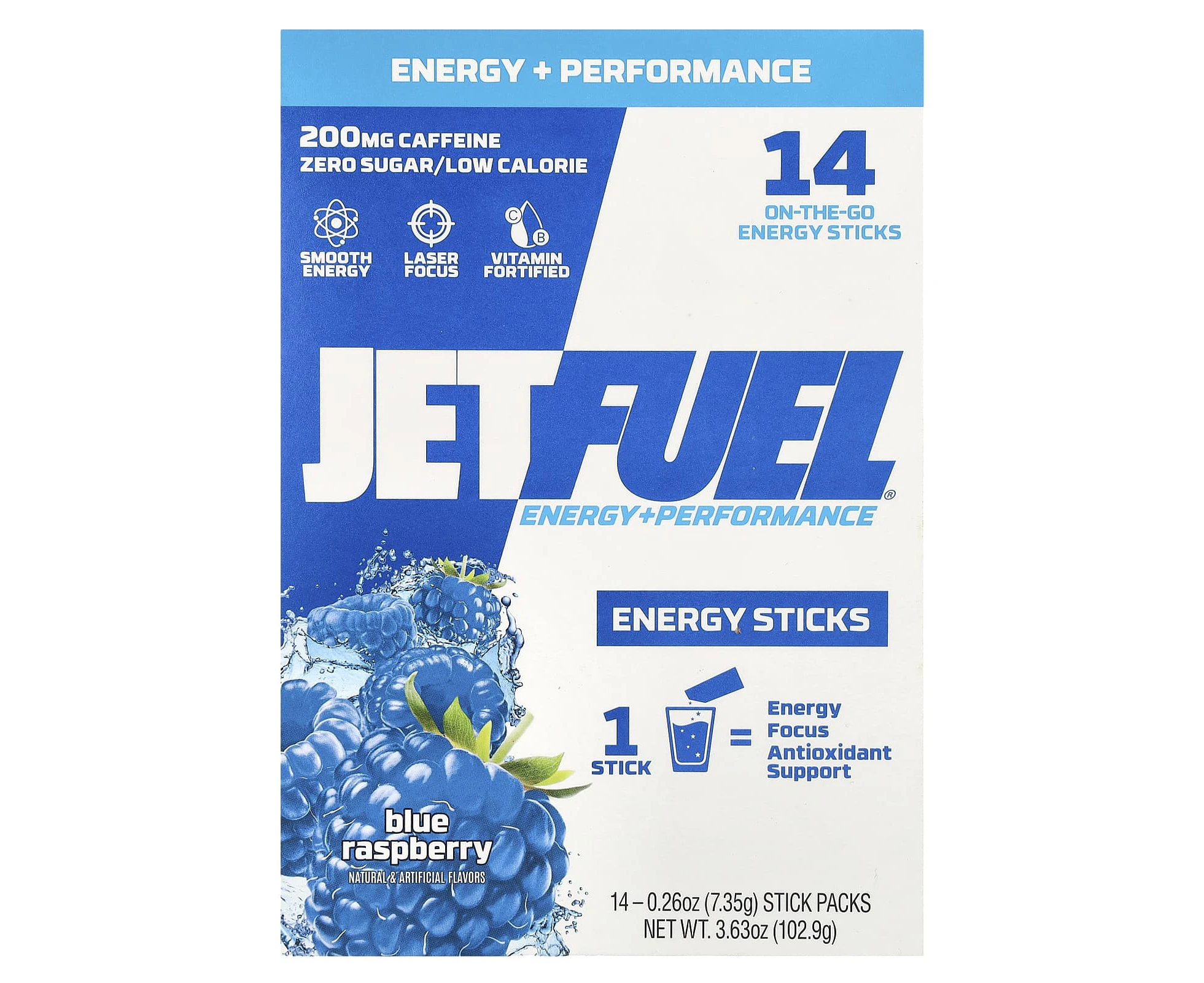 GAT, JetFuel¬Æ, Energy + Performance, Energy Sticks, Blue Raspberry, 14 Stick Packs, 0.26 oz (7.35 g) Each