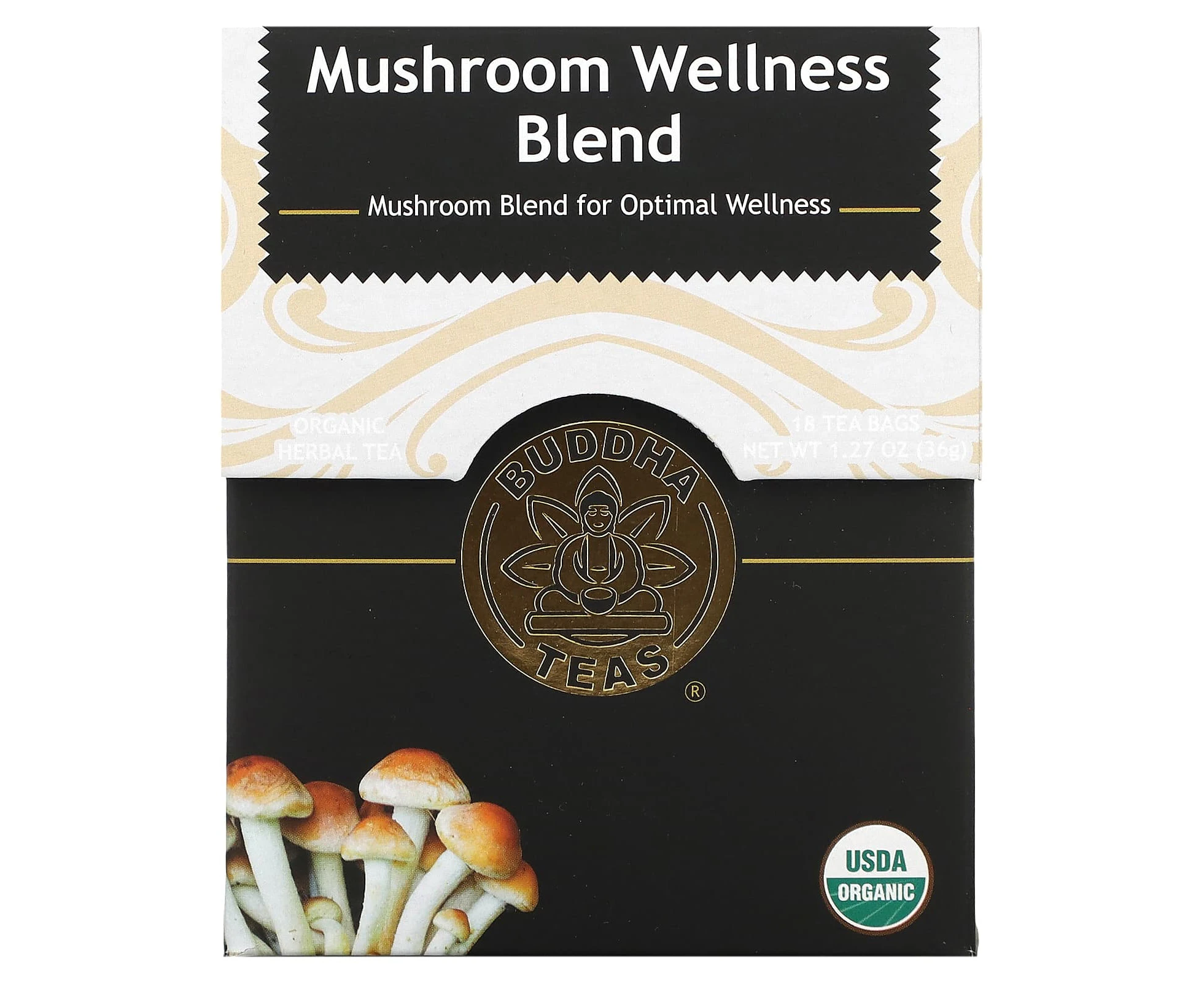 Buddha Teas, Organic Herbal Tea, Mushroom Wellness Blend, Caffeine Free, 18 Tea Bags, 1.14 oz (32 g)