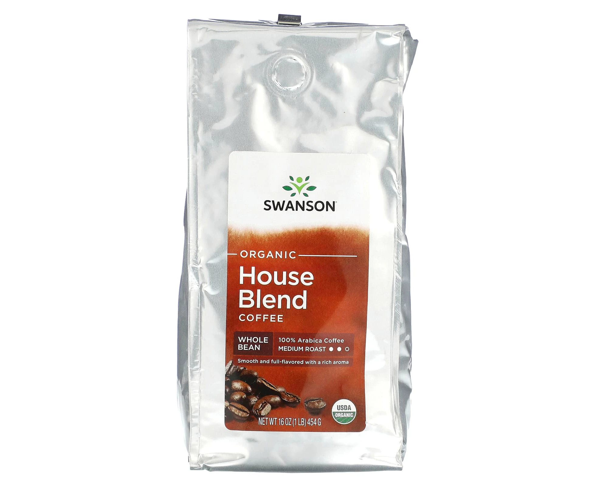 Swanson, Organic House Blend Coffee, Whole Bean, Medium Roast, 1 lbs (454 g)