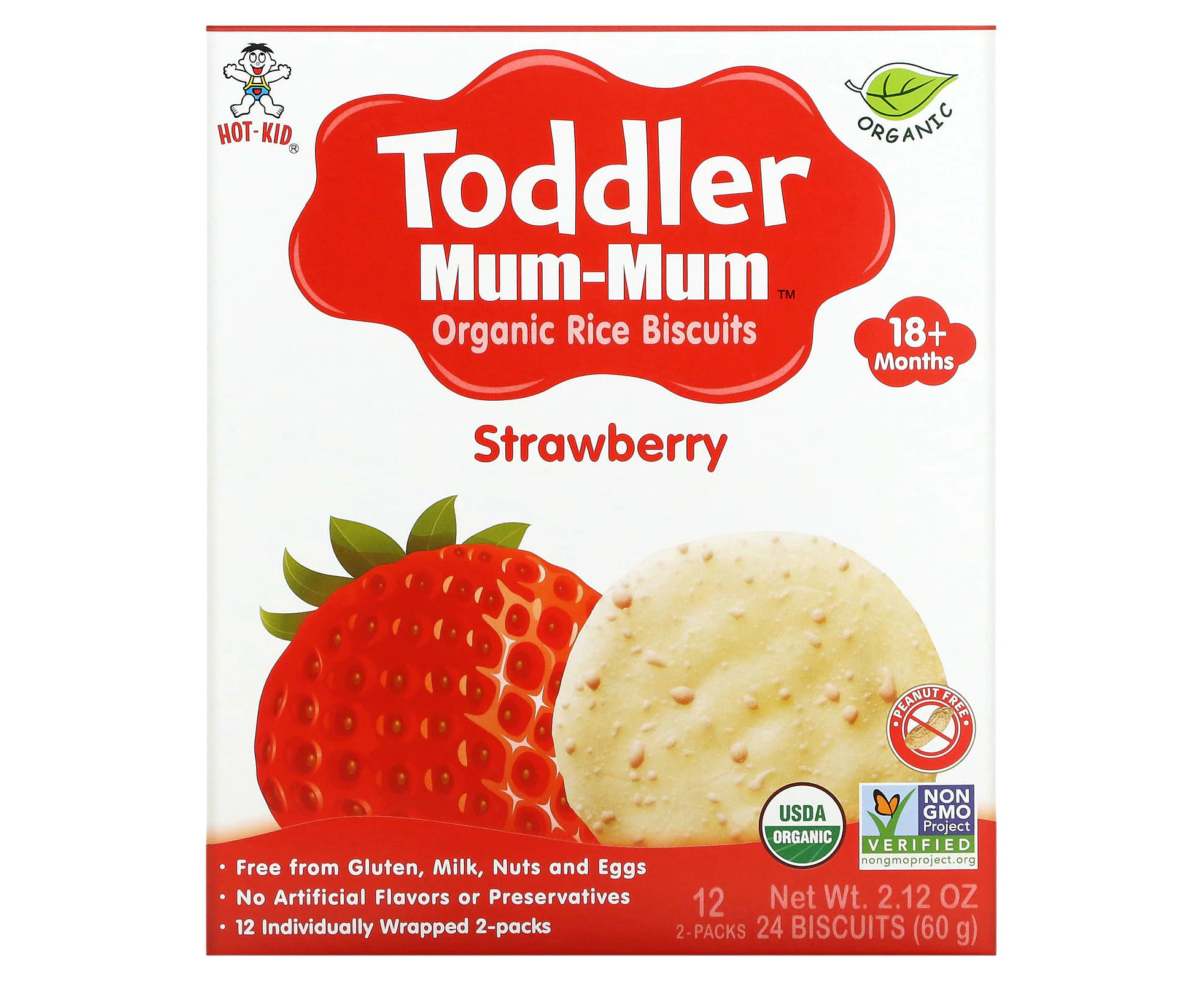 Hot Kid, Toddler Mum-Mum, Organic Rice Biscuits, 18+ Months, Strawberry, 12 Packs, 2 Biscuits Each